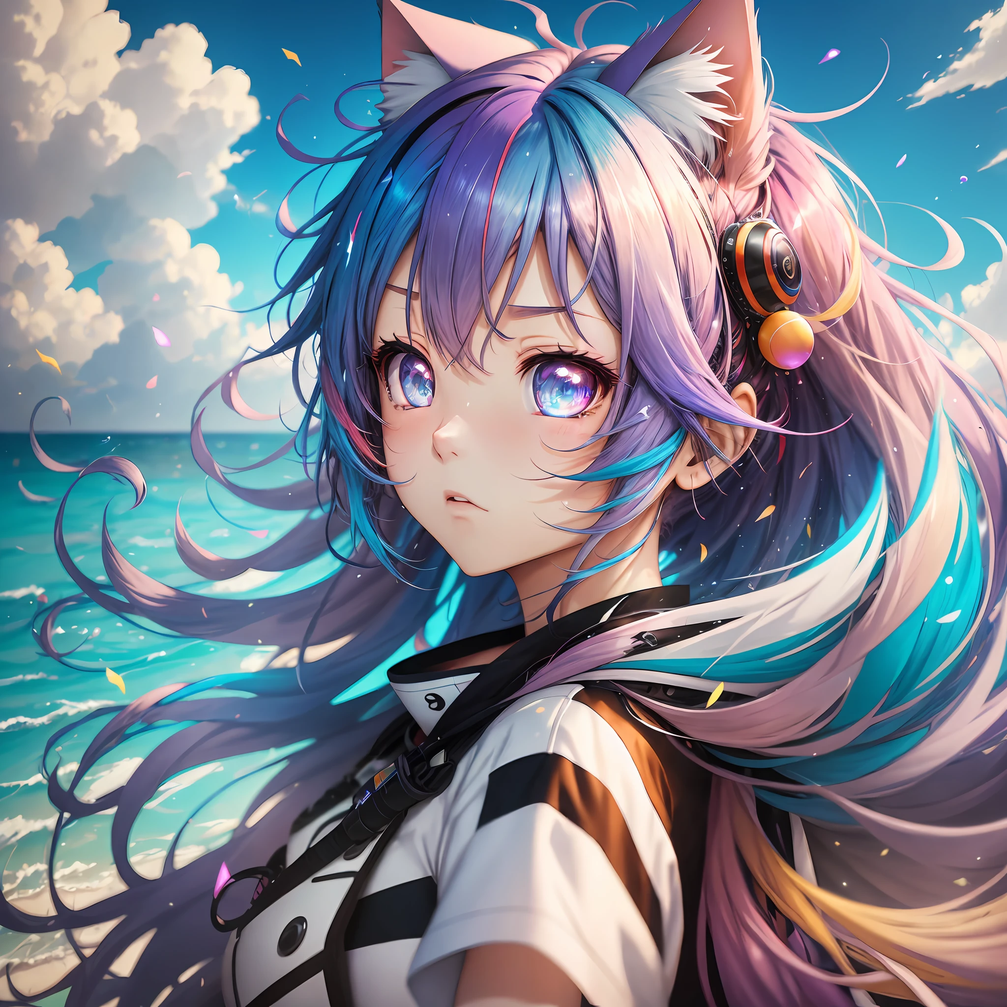 multicolored hair, multicolored hair, floating hair, The wind blows up the hair, The wind blows up the hair, The wind blows up the hair, hair bobbles, hair bobbles, mismatched pupils, aqua eyes, cat ears, frustrated, anime, ray tracing, reflection light, vignetting, sparkle, close-up, Wide-Angle, Wide-Angle --auto --s2