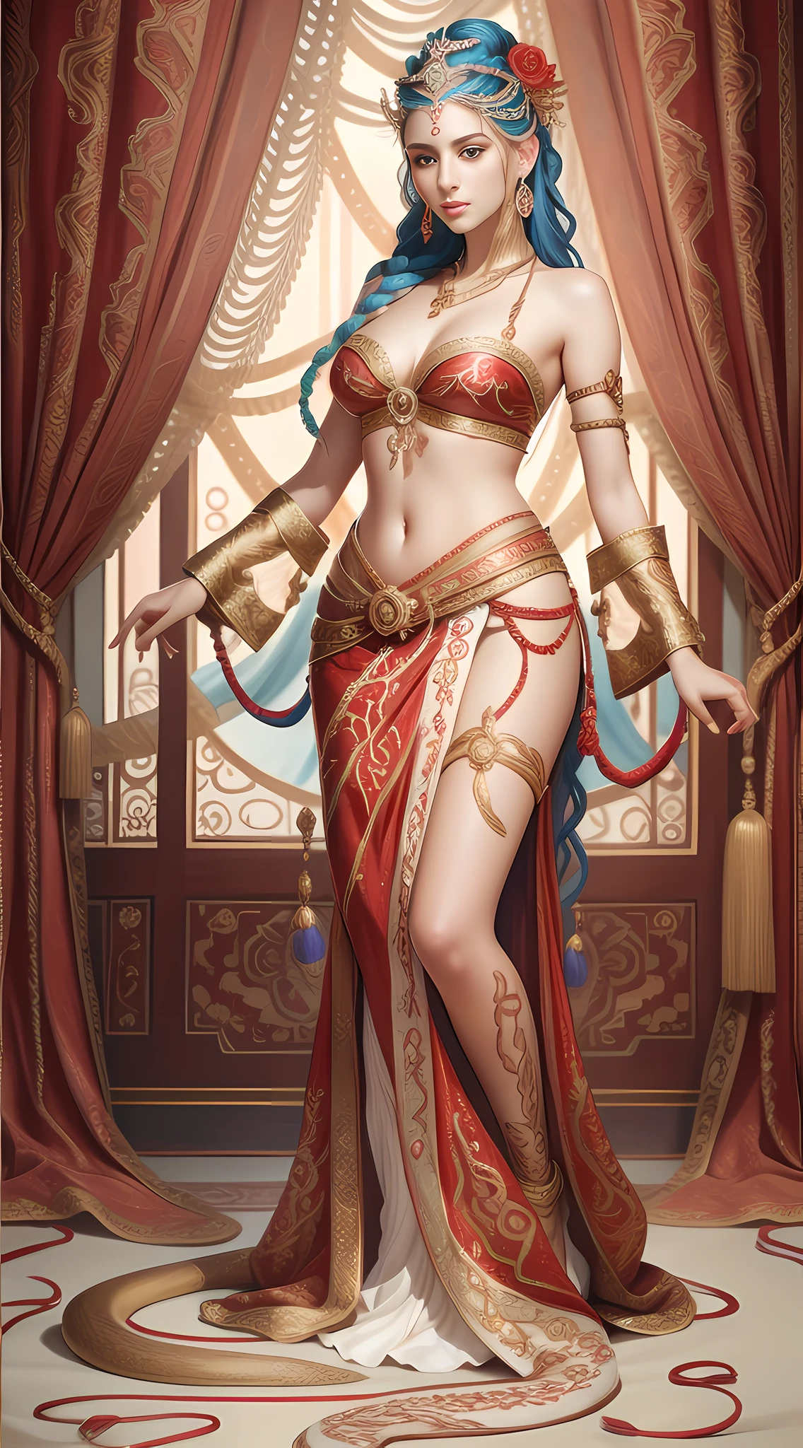 Snake beauty, Medusa, gorgeous tassels, gorgeous ribbons, colorful embroidery, white gold red, noble atmosphere. Full body realism