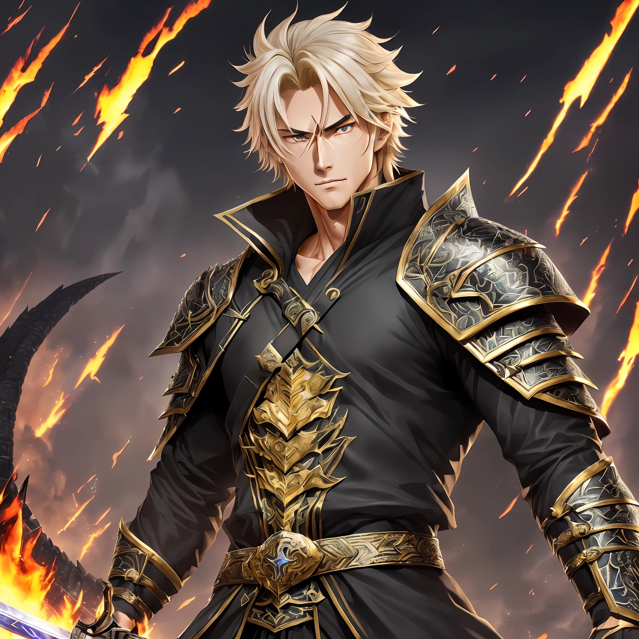 ((masterpiece, best quality, ultra detailed, extremely detailed, Human with dragon descent

Physical description: Ryuu is a tall young man, 190 cm tall, strong and muscular body. He has goosebump blonde hair, golden eyes, and wears black clothes with a scaly-looking overcoat. He carries the Kuronotsurugi sword at his waist, a black sword that reflects a dark glow. Ryuu has a cut scar on his right eye and a diagonal cut scar on his body. He controls fire and manipulates lightning --auto --s2