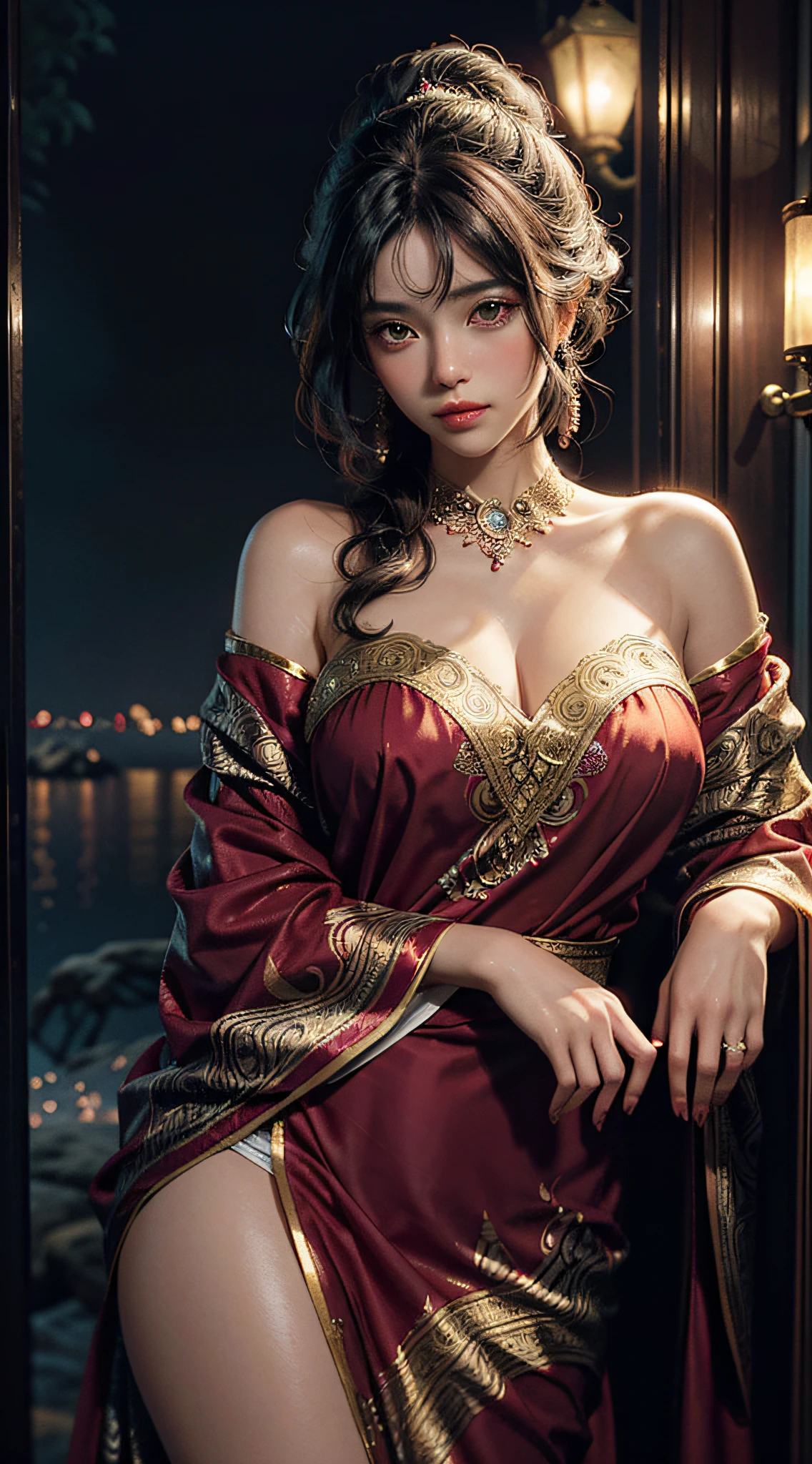 The art depicts a charming woman dressed in a flowing, silky traditional oriental dress decorated with intricate patterns and bright colors. Her dress drapes elegantly over her curvy figure, accentuating her seductive silhouette. She stood gracefully in the quiet moonlit night, bathed in the soft glow of the moonlight. The scene exudes an ethereal and dreamy atmosphere, with a touch of mystery and sexiness. The graphic style blends watercolor and digital illustration techniques to evoke a refined beauty and charm. The lights are filled with soft moonlight, casting soft highlights and shadows on her charming features. Bare thighs