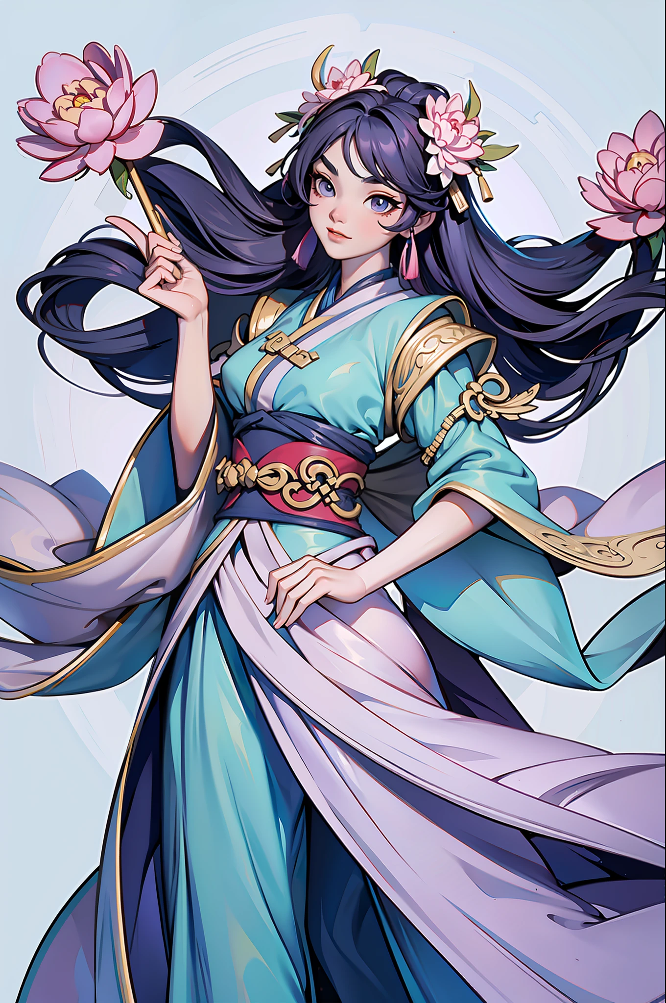A beautiful ancient Chinese woman, full body, willow leaf eyebrows, melancholy eyes, wearing peony hair ornaments, wearing a long skirt, flowing skirt, beautiful details, rich light and shadow, perfect art, white background, game model, stunning lighting, C4D, OC rendering, movie edge light, delicate light, masterpiece, super detailed, epic composition, super HD, high quality, highest quality, 16k