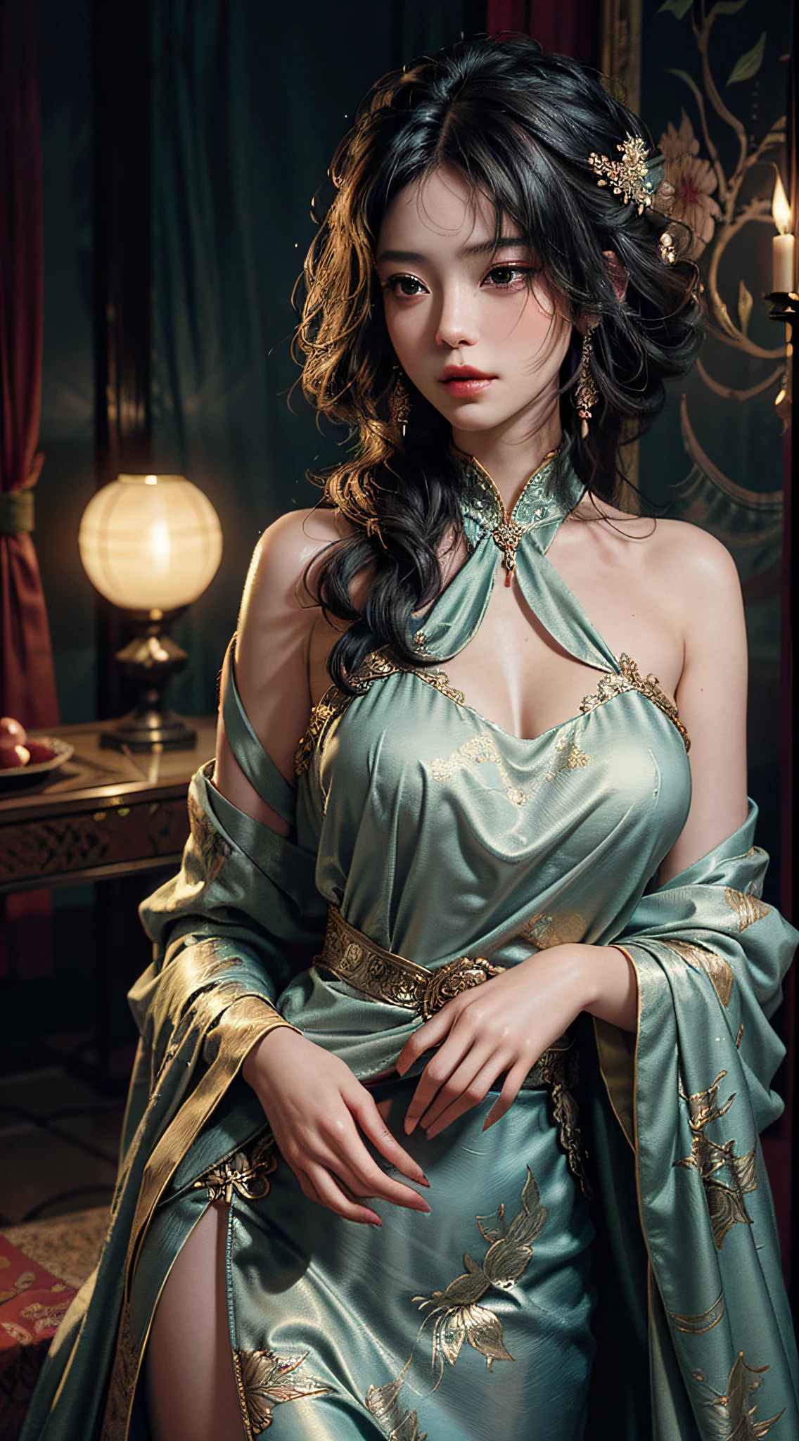 An artistic portrayal of an enchanting woman dressed in a flowing, silky traditional oriental gown, adorned with intricate patterns and vibrant colors. Her dress elegantly drapes around her curvaceous figure, emphasizing her alluring silhouette. She stands gracefully in a serene lunar night, bathed in the soft glow of the moonlight. The scene exudes an ethereal and dreamlike atmosphere, with a hint of mystery and sensuality. The image style embraces a blend of watercolor and digital illustration techniques, evoking a sense of delicate beauty and allure. Lighting is imbued with soft moon rays, casting gentle highlights and shadows on her captivating features.