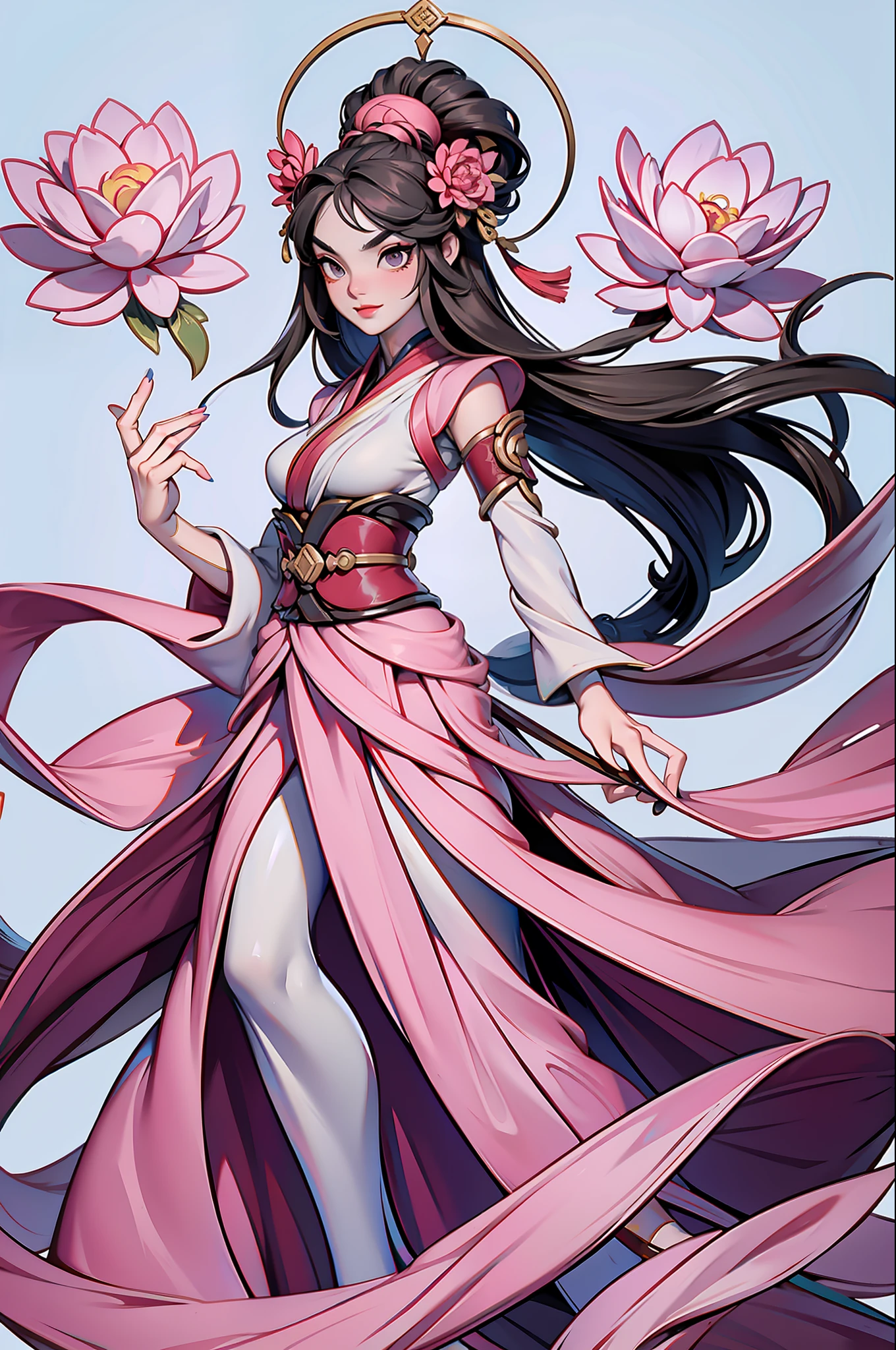 A beautiful ancient Chinese woman, full body, willow leaf eyebrows, melancholy eyes, wearing peony hair ornaments, wearing a long skirt, flowing skirt, beautiful details, rich light and shadow, perfect art, white background, game model, stunning lighting, C4D, OC rendering, movie edge light, delicate light, masterpiece, super detailed, epic composition, super HD, high quality, highest quality, 16k