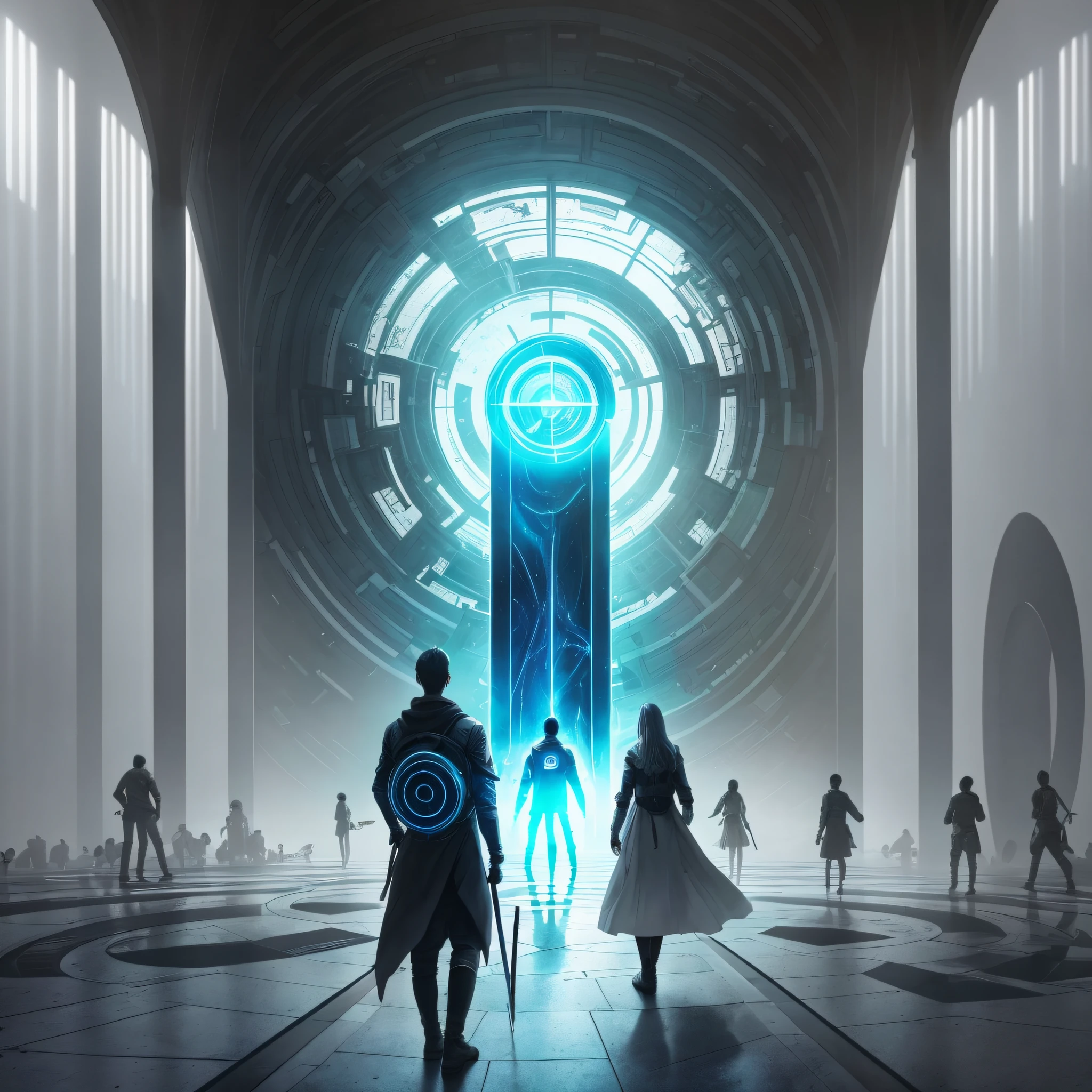 Group of people entering a portal with allusion of being going to a new world. This portal will refer to a futuristic idea. On the one hand, the side that people are on, a kind of chaotic world and on the other, a clean environment. In this clean environment, an image, a shadow of something unknown and half evil --auto --s2