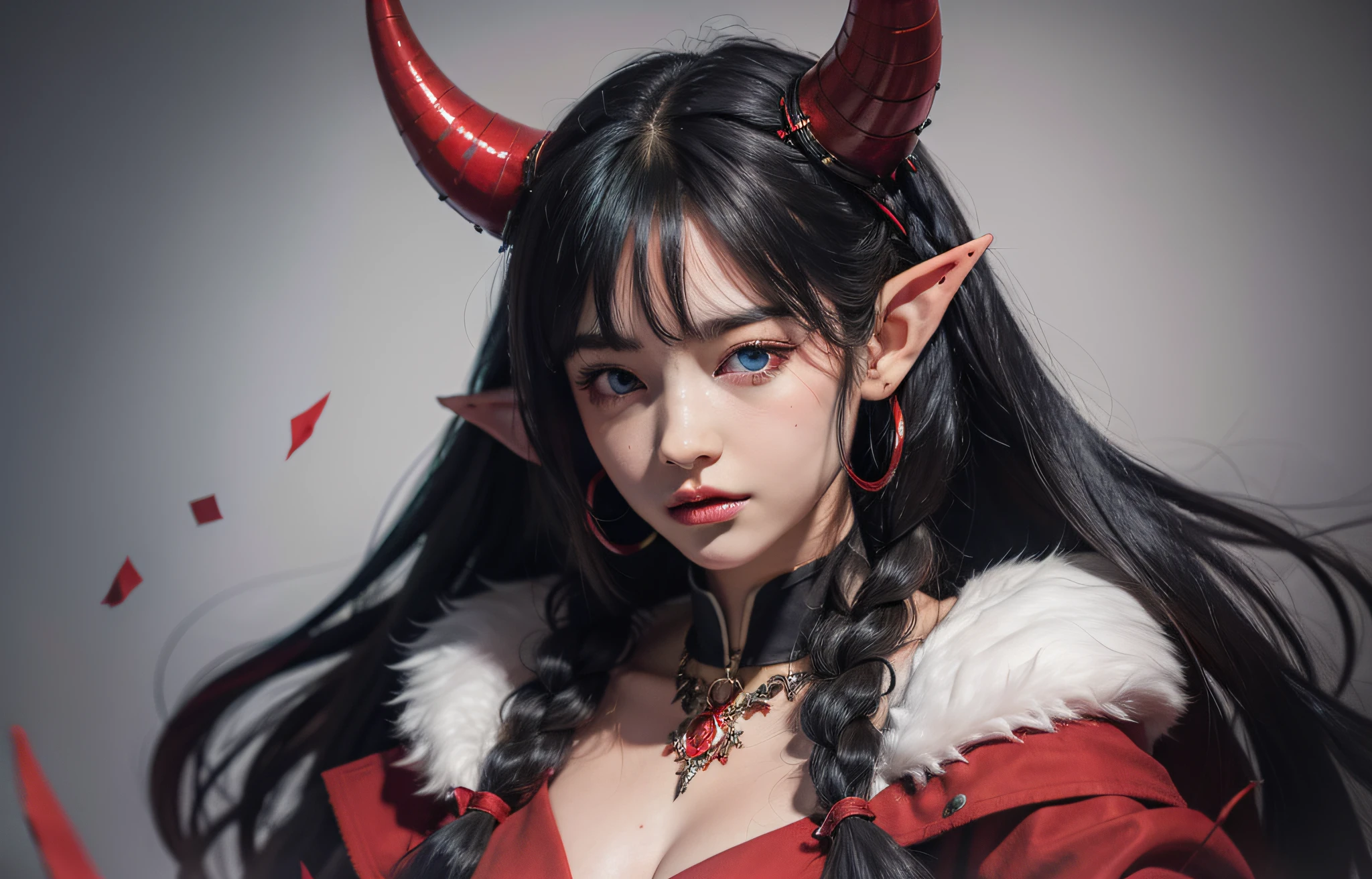 solo, single, bust, cinematic, HD, energetic, energetic, cute, demon double horns, elf ears, blue eyes, long black hair, two twisted braids next to the face, two red hairpins on the right side, red fur coat, blank background, beautiful woman