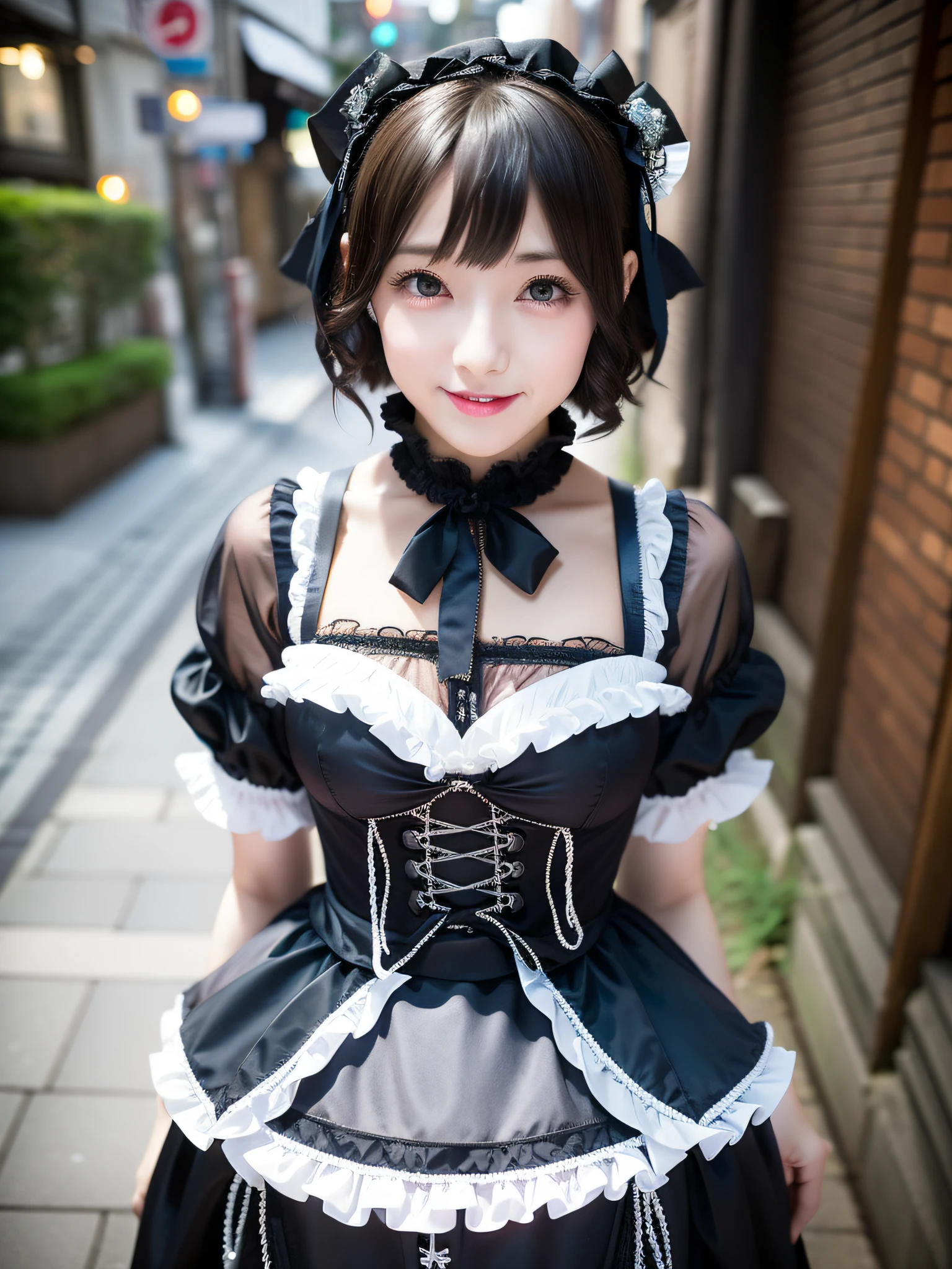 1 girl, solo, (short hair), (big breasts:0.8), thin waist, japanese idol, perfect figure, beautiful eyes double eyelids, gothic ta fashion, 26 years old, downtown like Harajuku, broad smile, upper body, blow a wind, slim body, hands behind back