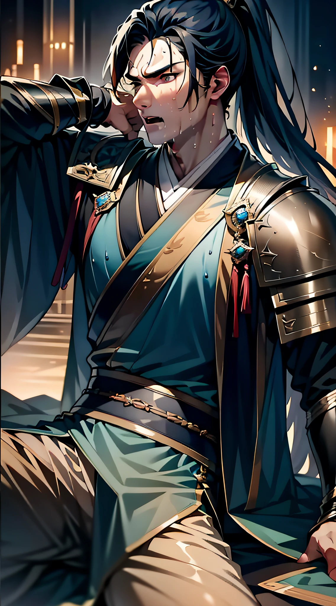 Two-dimensional, anime style, man (male warrior), muscle, correct proportions, face details, martial arts, high ponytail hairstyle, sweating, sweaty face, drooling, neck details, with Adam's apple, wet, wet, Hanfu costume, long robe, embroidered robe, dragon robe, clothing details, collar, long sleeves, game quality, swordsman demeanor, light and shadow tracing, ray tracing, detail glow, CG rendering, hair details, long black hair, golden eyes, sweaty face, handsome, handsome, sweat beads slipping down the neck, (juvenile feeling), complex clothing, wet, wet, perfect composition, refinement, high quality, more details, a lot of details, complex background, atmosphere,