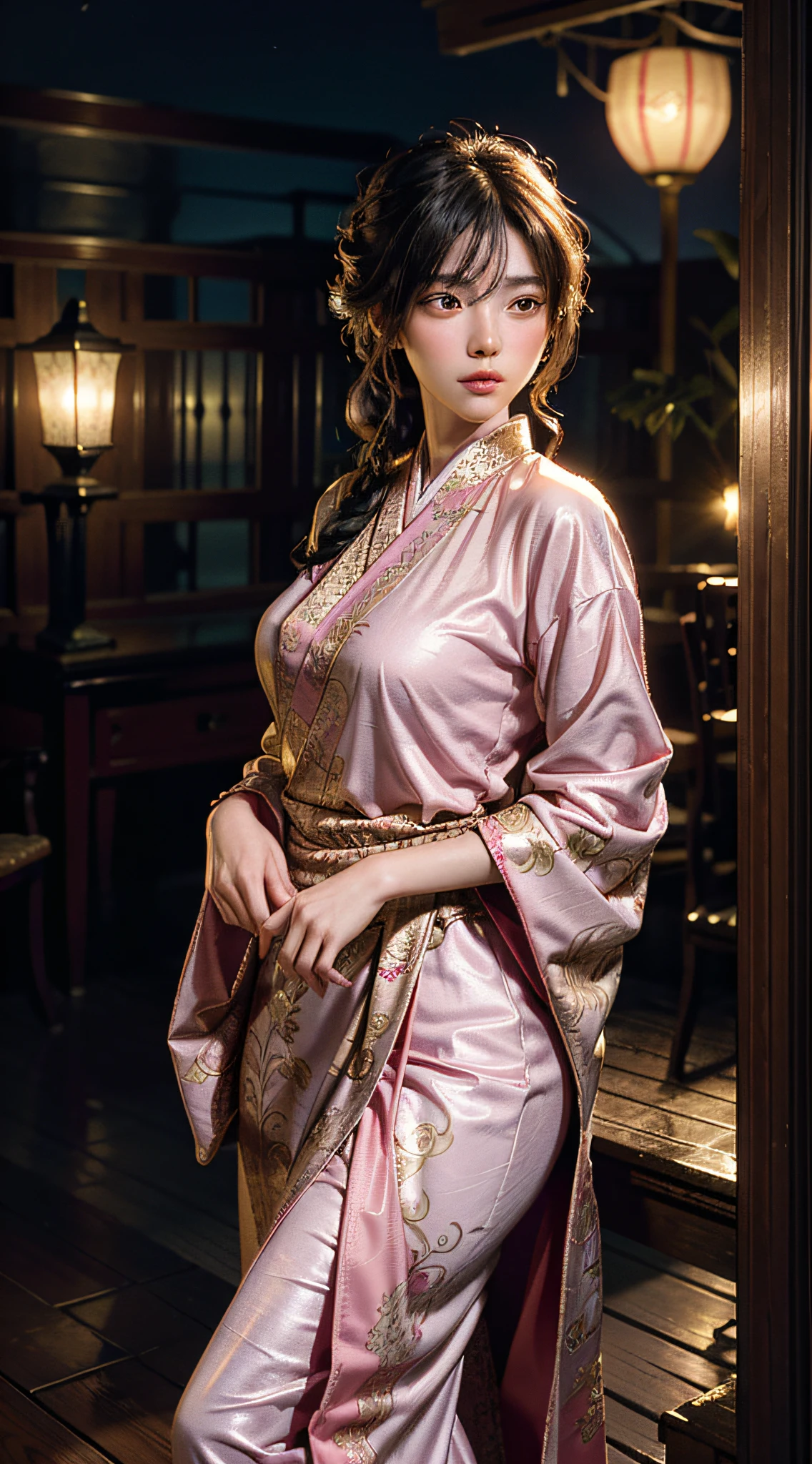 The art depicts a charming woman dressed in a flowing, silky traditional oriental dress, pink, decorated with intricate patterns and bright colors. Her dress drapes elegantly over her curvy figure, accentuating her seductive silhouette. She stood gracefully in the quiet moonlit night, bathed in the soft glow of the moonlight. The scene exudes an ethereal and dreamy atmosphere, with a touch of mystery and sexiness. The graphic style blends watercolor and digital illustration techniques to evoke a refined beauty and charm. The lights are filled with soft moonlight, casting soft highlights and shadows on her charming features.