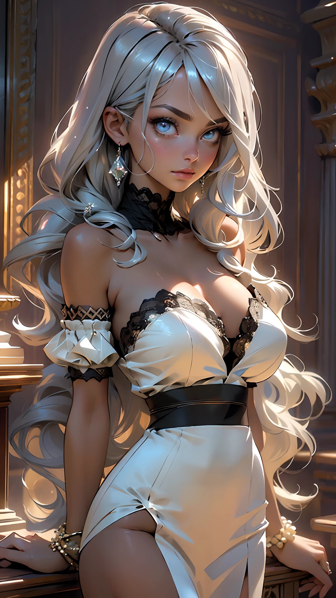 (((SILVER HAIR, [PERFECT REALISTIC EYES])))), ultra realistic 8k CG, perfect face, flawless, clean, masterpiece, professional artwork, famous art, cinematic lighting, cinematic flower, perfect face, beautiful face, beautiful eyes, (((perfect female body, narrow waist))), beautiful queen, royal, divine, goddess, (royal palace), fantasy, dreamlike, unreal, science fiction, (huge breasts), beautiful clothes, lace, lace trim,  lacy legwear, nsfw, breasts out, absurdly long hair, very long hair, (rich: 1.4), prestige, luxury, jewelry, diamond, gold, pearl, gem, sapphire, ruby, emerald, intricate detail, delicate pattern, sexy, charming, seductive, seductive, erotic, charming, hair ornament, necklace, earrings, bracelet, armband, looking at the viewer,