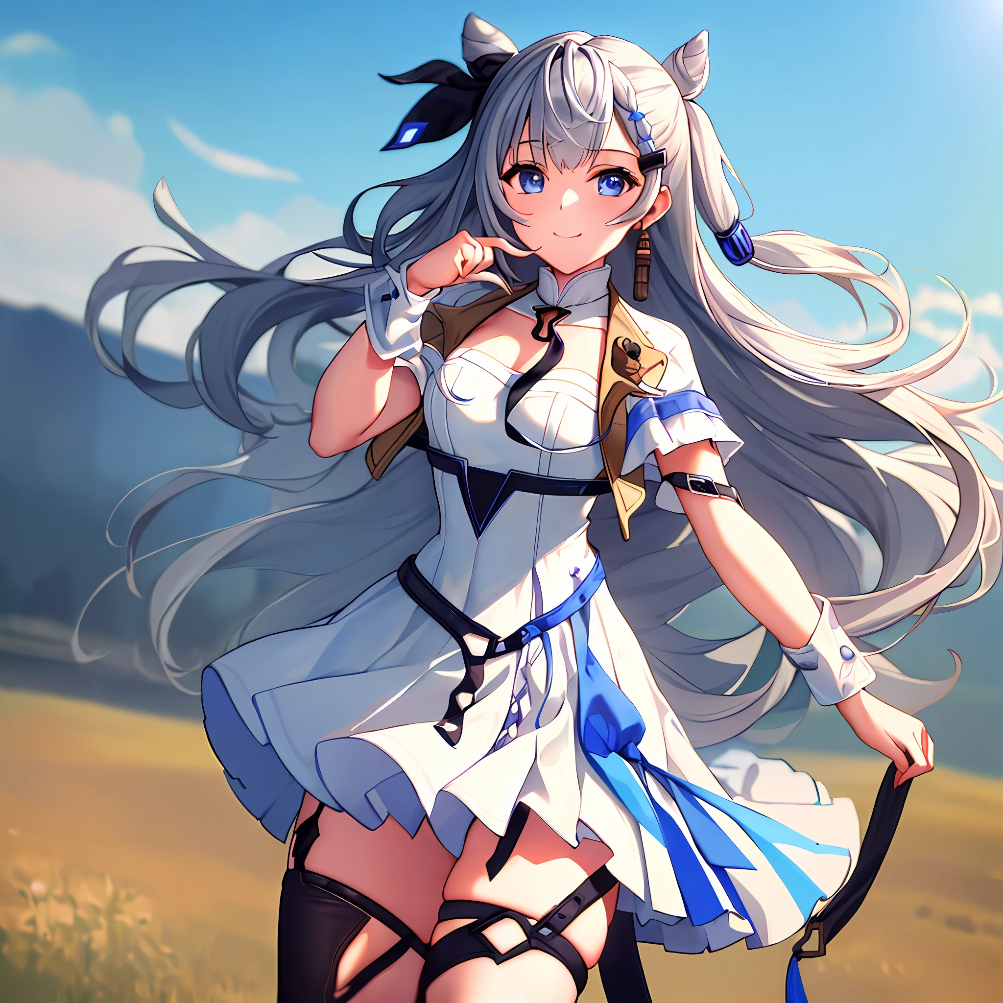 "(masterpiece, best quality:1.2) + cowboy shot + solo + 1girl + vestia zeta + virtual youtuber + smile + looking at viewer + hair ribbon + hair ornament + white dress + single thighhigh + thigh strap"