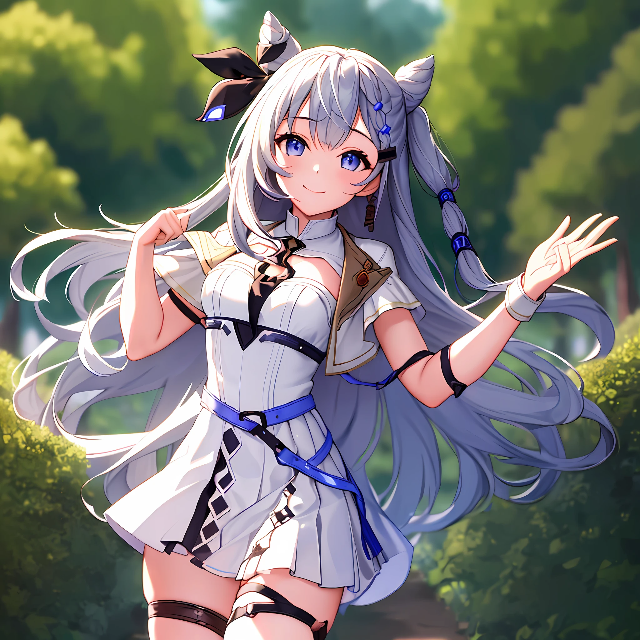 "(masterpiece, best quality:1.2) + cowboy shot + solo + 1girl + vestia zeta + virtual youtuber + smile + looking at viewer + hair ribbon + hair ornament + white dress + single thighhigh + thigh strap"