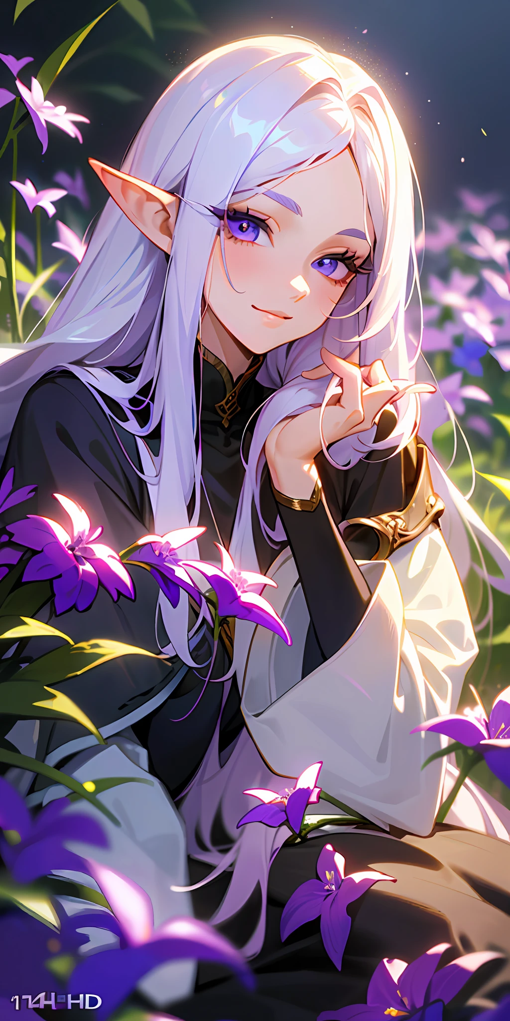 (masterpiece, best quality, perfect face, stunning eyes, long eyelashes, perfect hands, perfect body, flawless, FULL HD, 4K Quality, 1080p, highly detailed),1male, long white hair, parted bangs, long pointy ears, smiling slightly, violet colored eyes, sitting in a field of purple violet plants and flowers, his hand under his chin, warm lighting, cleric clothing, blurry foreground