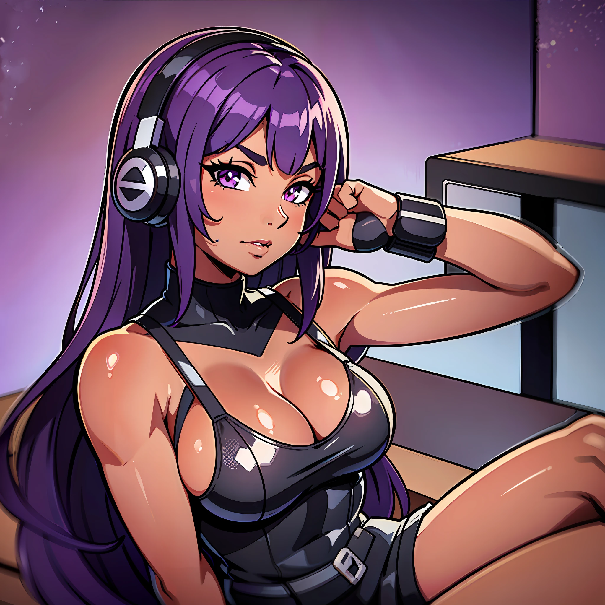 dark purple hair, brown skin, tanned skin, gorgeous, military straps,black military straps, long hair, bangs, makeup, CatEarHeadphones, film grain, image fill, halftone, depth of field, UHD, masterpiece, textured skin, 16k, best quality, simple background,strap outfit, sitting in front of a desk