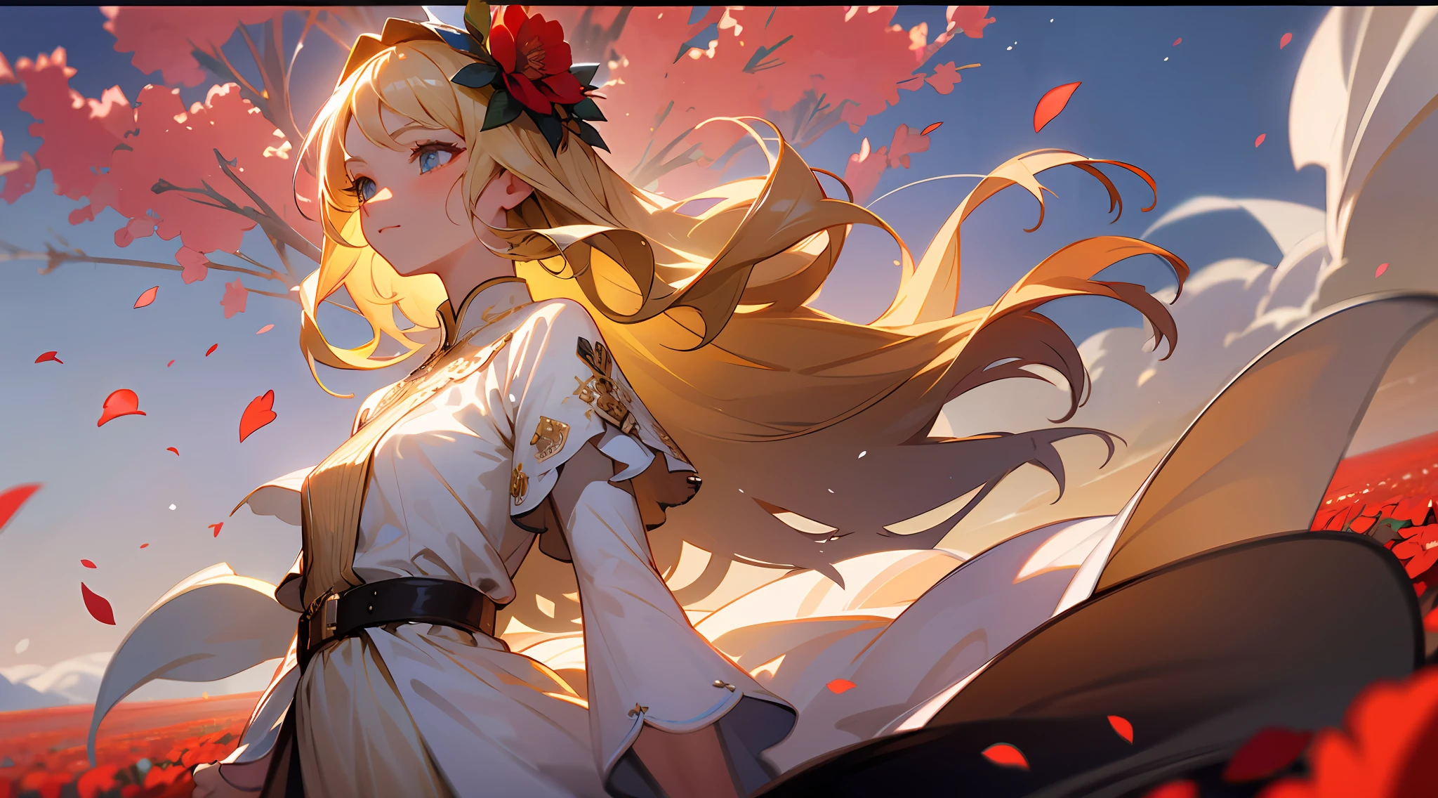 cowboy shot, upper body, long view, panorama, wide angle lens, depth of field, perspective, cinematic angle, arms behind back, masterpiece, best quality, super detailed, CG, 8K wallpaper, beautiful face, delicate eyes, a beautiful woman, solo, blonde hair, golden eyes, white dress, swirling dancing in a flower field, fluttering skirt, wind, flower field, petals, sky, rose, red flowers