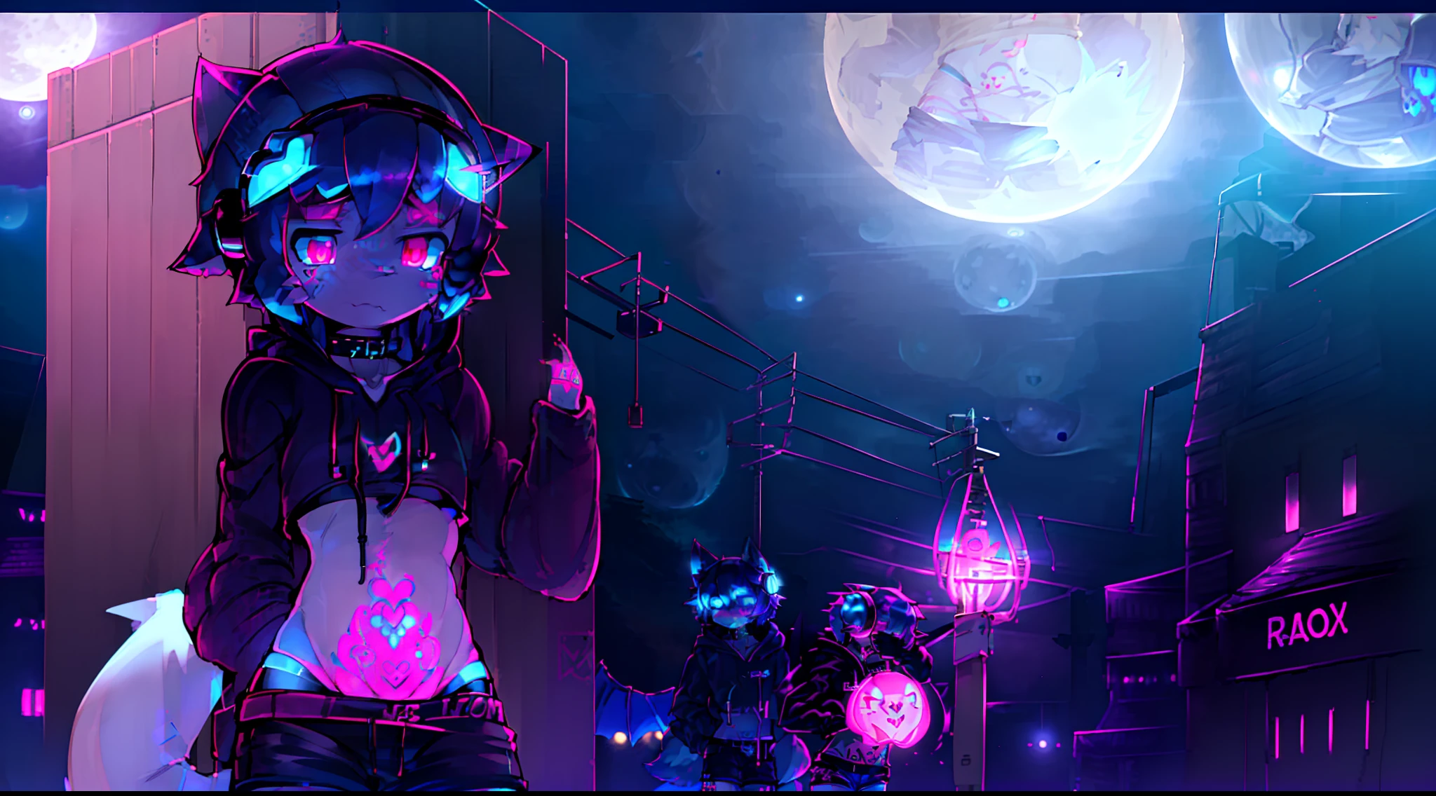 Black Fox, (White Body:1.3), (((masterpiece))), collar, (Dragon Wings:1.45), (headphones:1.4), short hair, black hair, blush, (headphones:1.55), ((Thigh High Socks, Femboy Clothing, Femboy Thigh Highs:1.2)), ((a blue eye left, a pink eyes right:1.55)), (((Femboy))), full body, ((womb tattoo, glowing tattoo:1.52)), ((guy look like women:1.52)), (fox tail:1.52), Full HD, 8K, ((short pant, Hoodie crop:1.52)), ((underwear:1.45)), ((full moon, blue moon:1.45)) public indecency, small breasts, (Trap:1.55), (shy:1.55)