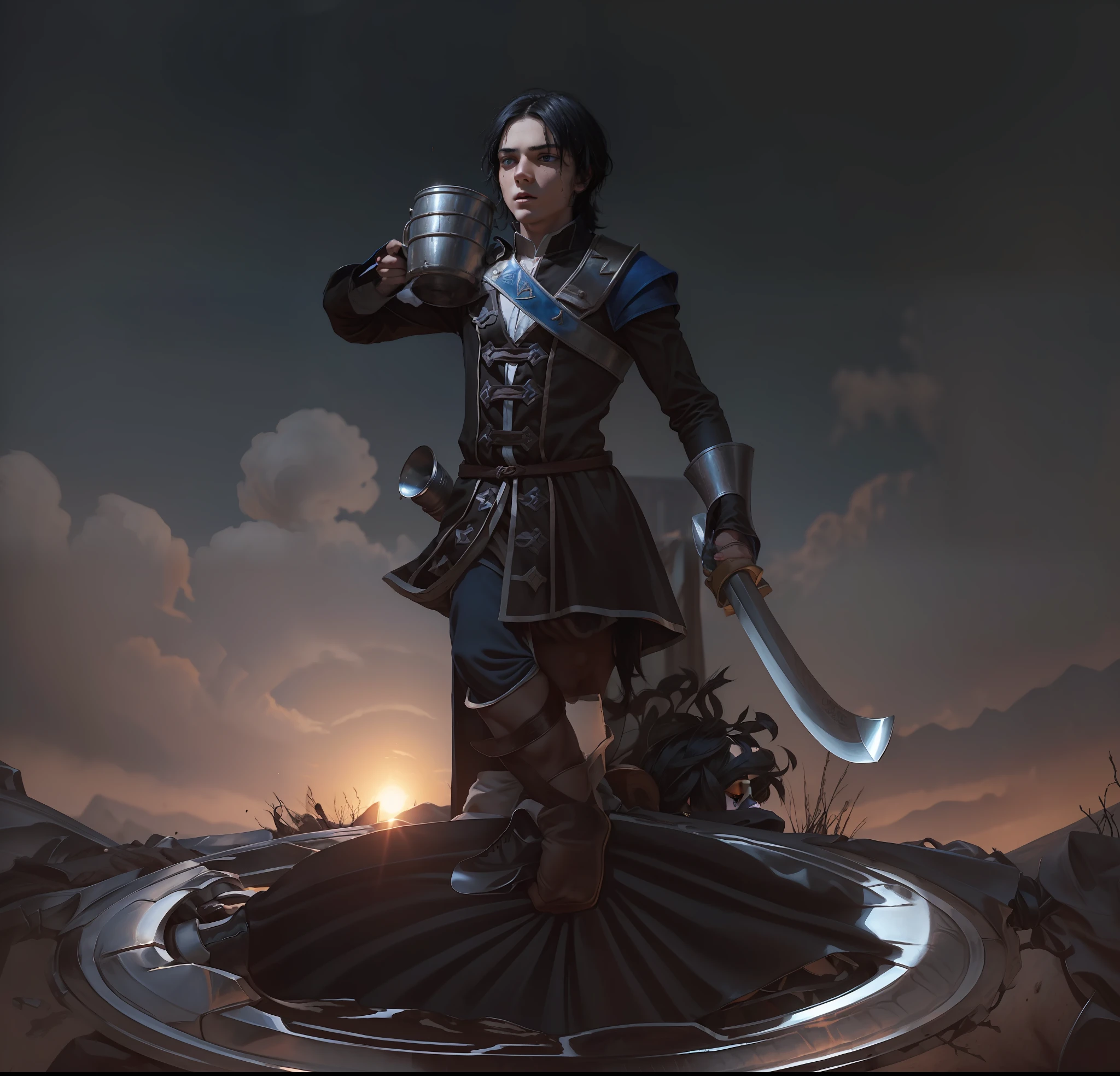 ung boy, (((soil))), (thin, white skin, blue eyes, shoulder-length black hair with bangs, lips dirty with wine, 21 years old, androgynous face), he wears a black costume, holds a mug with wine and a scimitar sword adorned