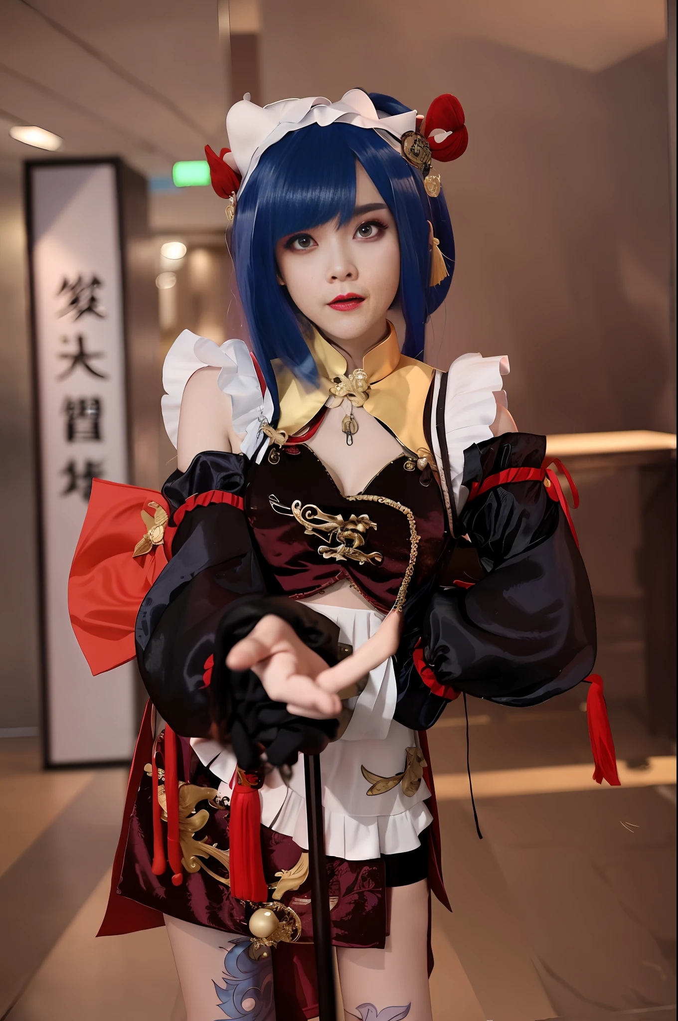 there is a woman with blue hair and a blue wig holding a cane, anime girl cosplay, anime cosplay, zhongli from genshin impact, keqing from genshin impact, ornate cosplay, cosplay, professional cosplay, cosplay photo, ayaka genshin impact, ayaka cosplay, ayaka game genshin impact, cosplayer, loli, full body xianxia