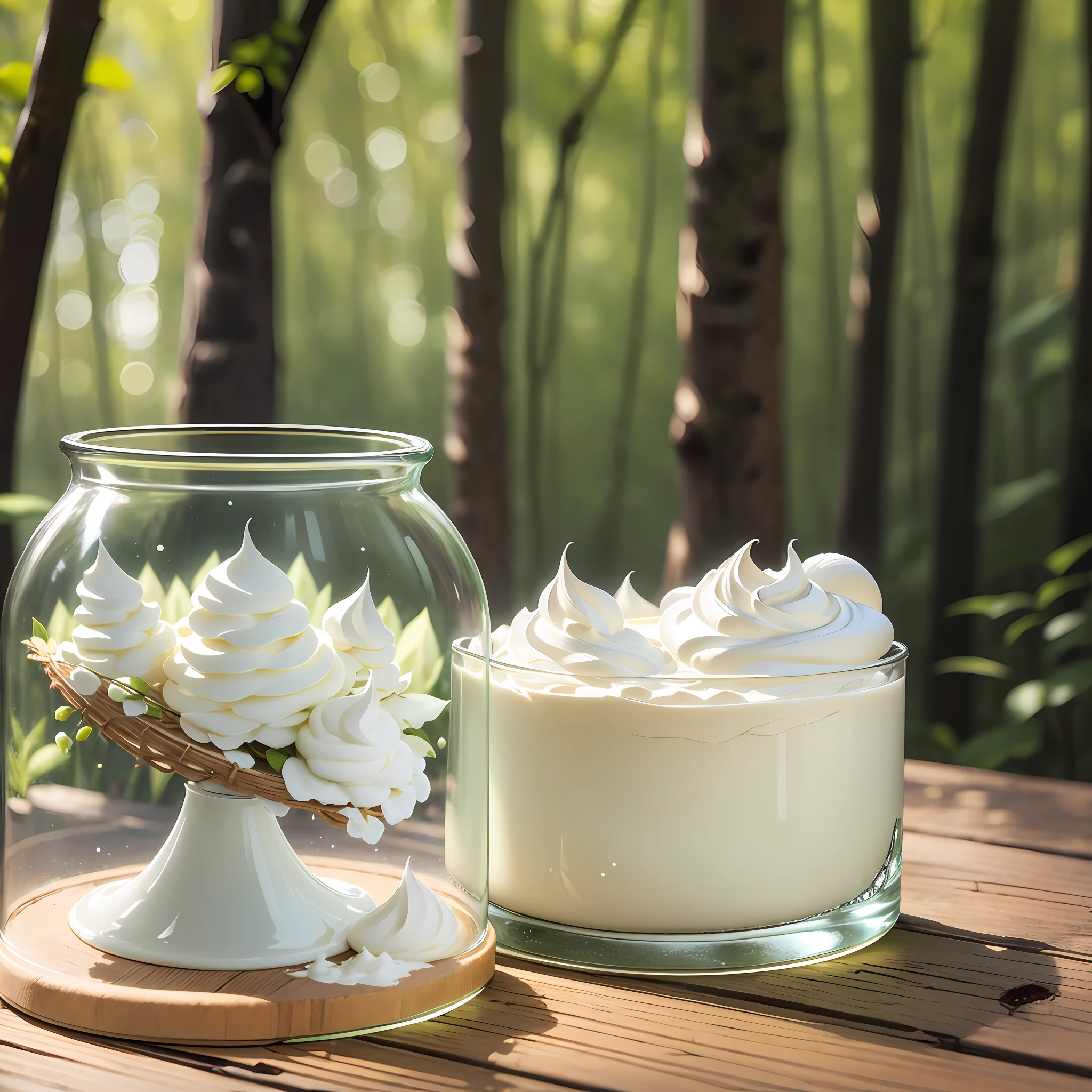 Create the image of a glass container almost full of white combing cream on top of the table in the forest, with zoom