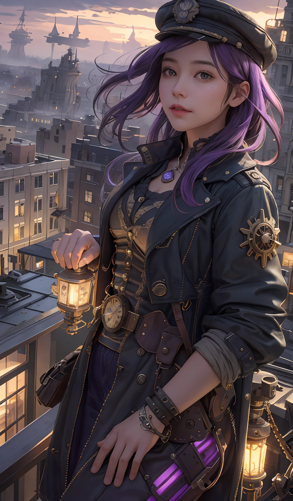 girl srading on top of a building, airships in the sky, very detailed, realistic, traced lights, 4k, gourgeos, gears, steampunk style, magical, cap, purple hair, bracelets, intricate details, gourgeos landscape, digital art, realistic, misteryous