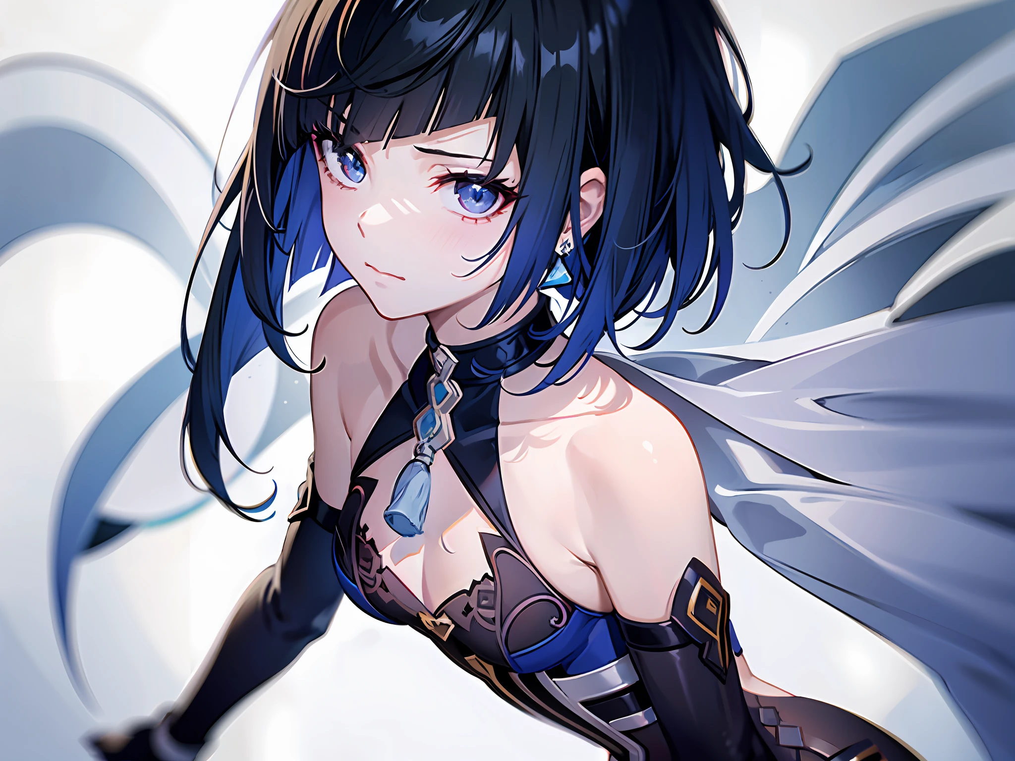 1girl, (solo:1.2), ((masterpiece)), (shadow), [slim], (small breasts), ((sharp focus)), pale skin, ((detailed eyes)), (blurry background), yelandef, gradient hair, collarbone, closed mouth, short hair