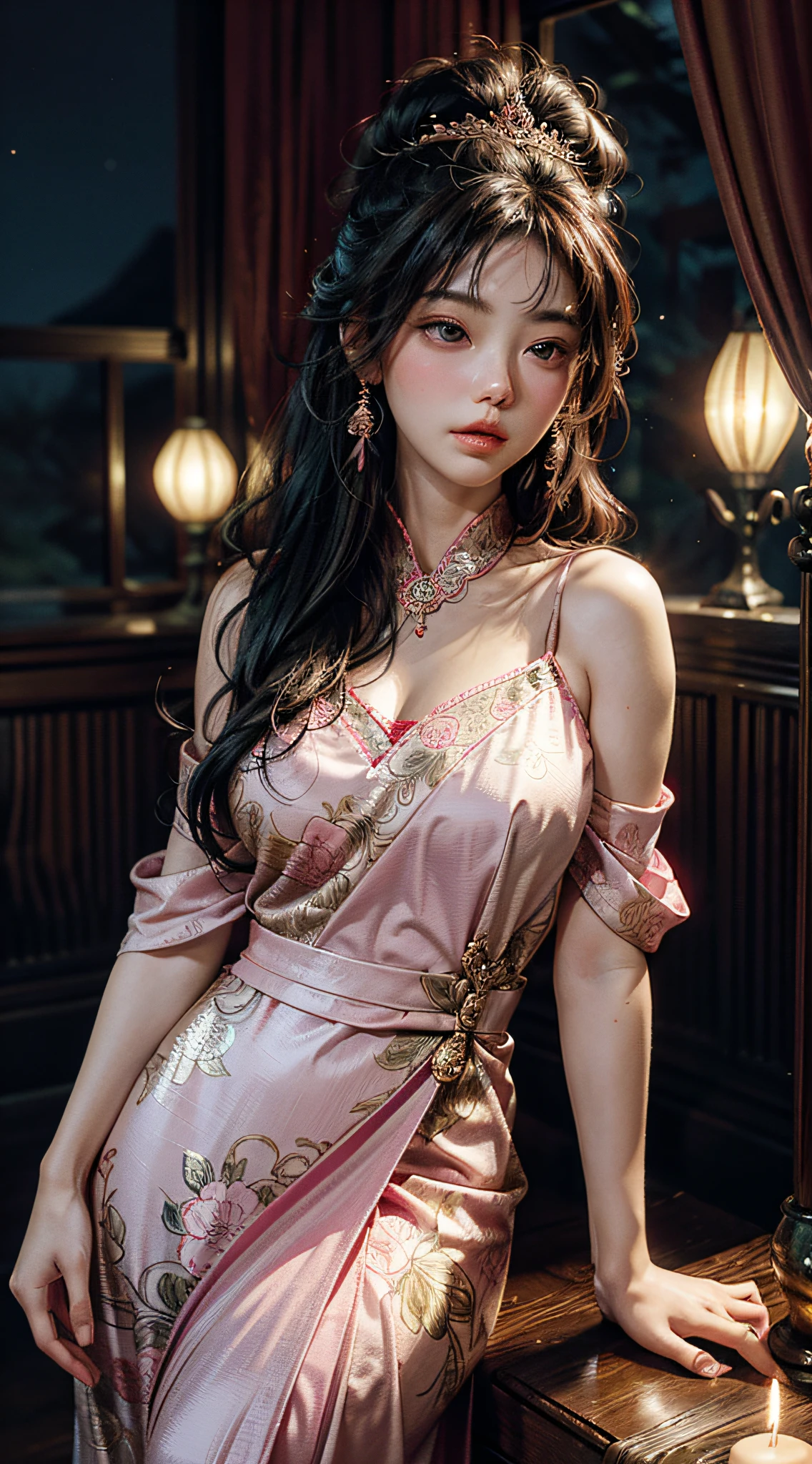 The art depicts a charming woman dressed in a flowing, silky traditional oriental dress, pink, decorated with intricate patterns and bright colors. Her dress drapes elegantly over her curvy figure, accentuating her seductive silhouette. She stood gracefully in the quiet moonlit night, bathed in the soft glow of the moonlight. The scene exudes an ethereal and dreamy atmosphere, with a touch of mystery and sexiness. The graphic style blends watercolor and digital illustration techniques to evoke a refined beauty and charm. The lights are filled with soft moonlight, casting soft highlights and shadows on her charming features.
