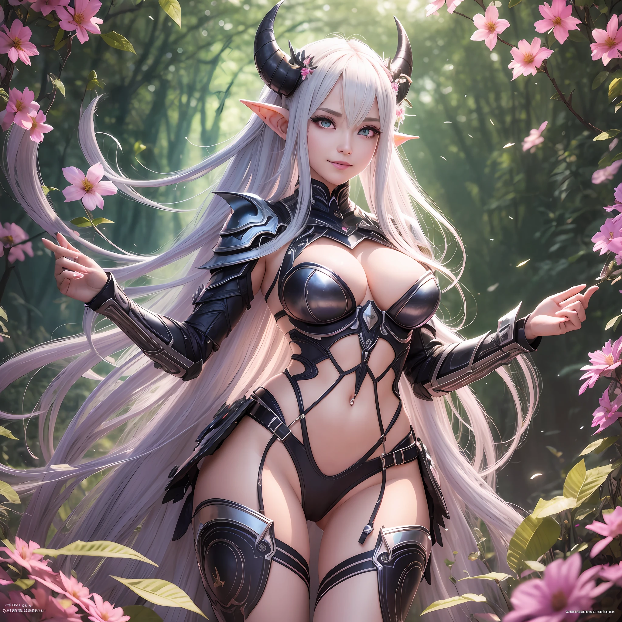full body, full portrait, mature cybernetic Female elf dragon hybrid walking through a lush forest of flowers and vines wearing white and black battle armor, Beautiful,ultra realism, thick thighs, breasts, camel toe, wince, long eyelashes, solid circle eyes, light smile, ear blush, fang, silver hair, expressive hair, wet hair, straight hair, braided bun, hair strand, absurdly long hair, halo, hair flower, demon horns, horns, eye reflection, aqua eyes, amber eyes, pink eyes, orange eyes, makeup, light smile, grin, blush, fangs, tongue, licking lips, fang out, teeth, full-face blush, Surrealism, drop shadow, anaglyph, stereogram, tachi-e, pov, atmospheric perspective, depth of field, cinematic lighting, sparkle, glowing light, god rays, ray tracing, reflection light, backlighting, blending, bloom, drop shadow, image fill, 8k, super detail, ccurate, best quality, UHD, retina, masterpiece, ccurate, anatomically correct, textured skin, super detail, high details, high quality, award winning, best quality, highres, 1080P, HD, 16k --auto --s2