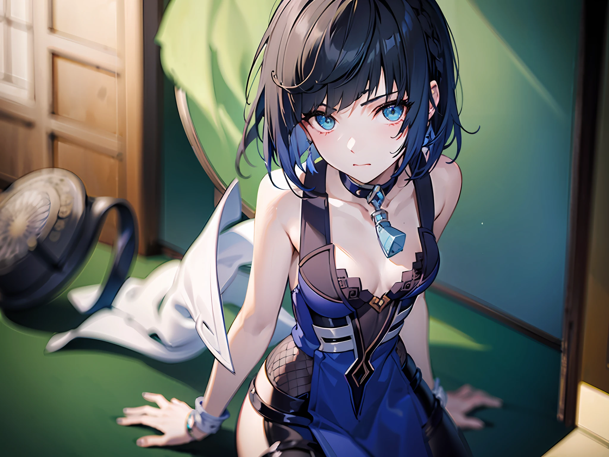 1girl, (solo:1.2), ((masterpiece)), (shadow), [slim], (small breasts), ((sharp focus)), pale skin, ((detailed eyes)), (blurry background), yelandef, gradient hair, collarbone, closed mouth, short hair