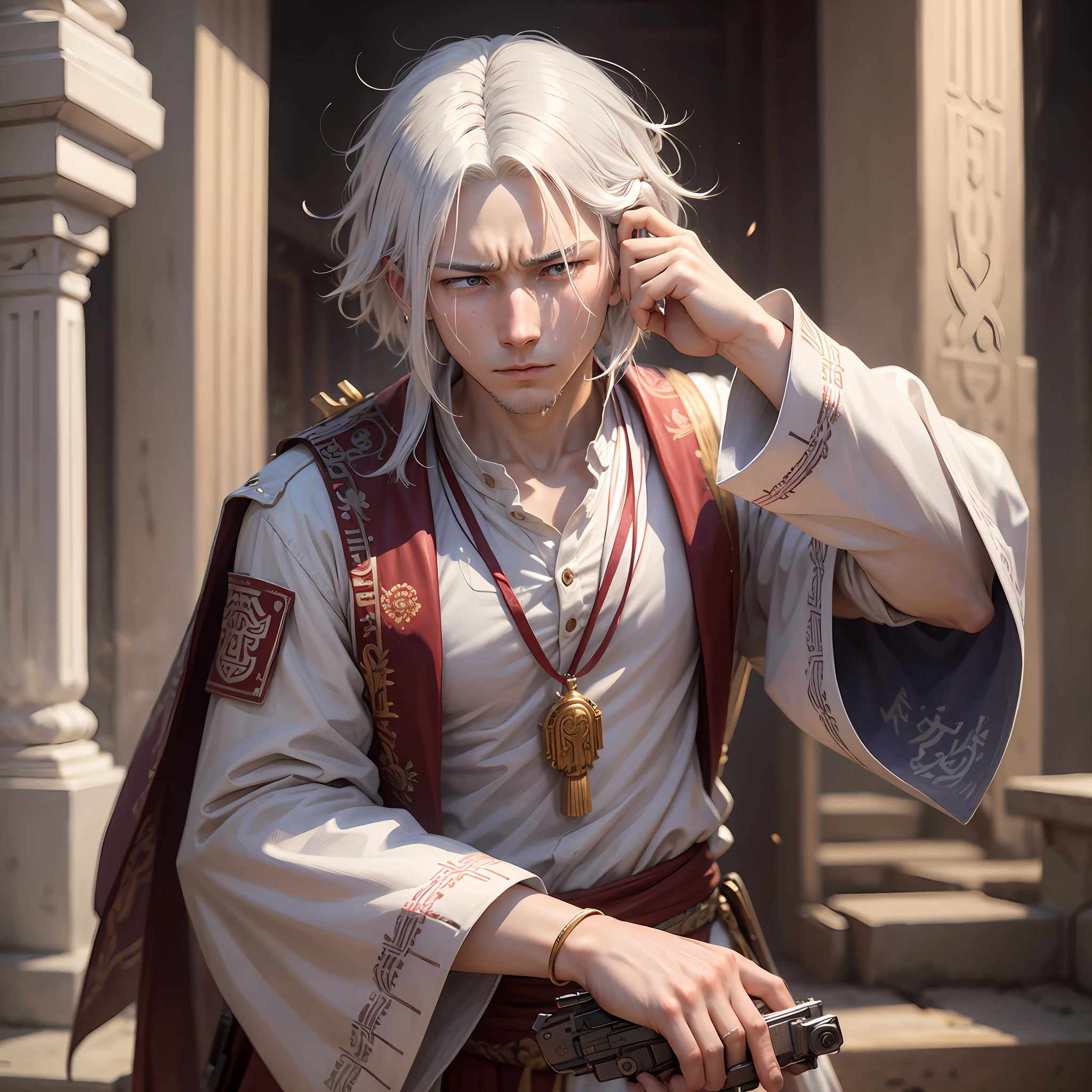 Weeping, sad, white-haired young man pointed a pistol to his temple --auto --s2