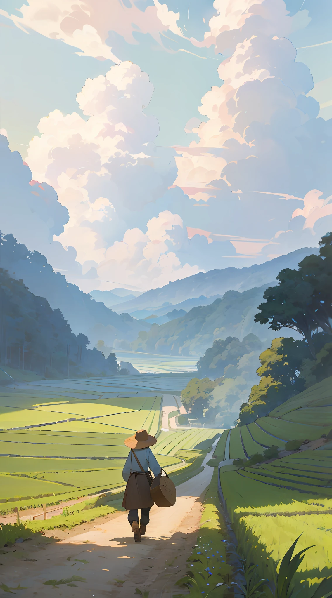 An old farmer carrying a flat burden, walking on the winding path of the countryside, big clouds, blue sky, rice fields, neat rice seedlings in the field, forest, hillside, secluded, countryside, HD detail, hyper-detail, cinematic, surrealism, soft light, deep field focus bokeh, ray tracing and surrealism. --v6
