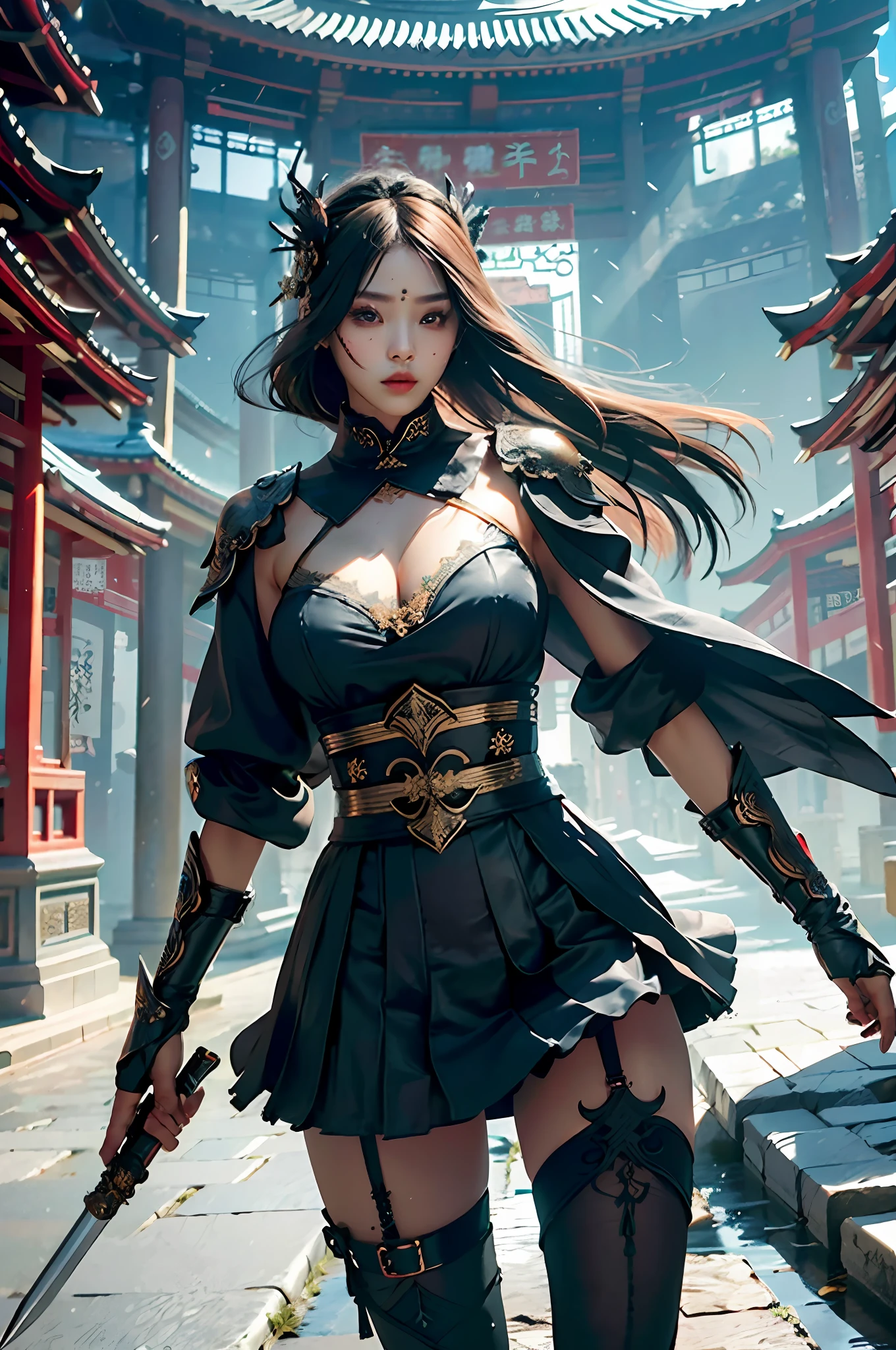 The best picture quality, masterpiece level, super high resolution, very realistic, black gauze mask, high cold girl, tights, short skirt, you can see deep cleavage, assemble weapons, tongue licks the blade, and details show the face, magic circle surrounds (increase the importance of 1.2), the figure of a beautiful girl appears in the picture, With East Asian traditional architecture as the background, black transparent gauze covering half of the cheeks, sharp eyes, royal sister makeup,
