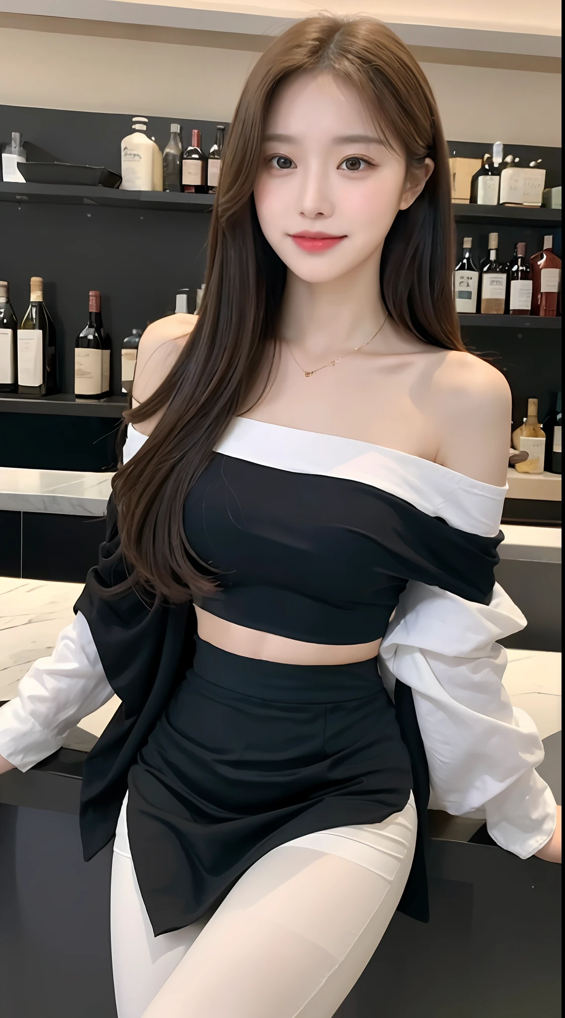 A superb exquisite real beautiful girl, golden long curly hair, extremely exquisite facial features, peerless beautiful girl, collarbone off-the-shoulder, white crop top shirt, black JK skirt, exposed legs, sweet smile, soft, dreamy quality, light white and dark brown, exaggerated facial features, solid color, frank off-white, surreal, blue gemstone necklace, ultra-clear, beautiful young girl, cute and lively, super short leggings, background at the bar counter
