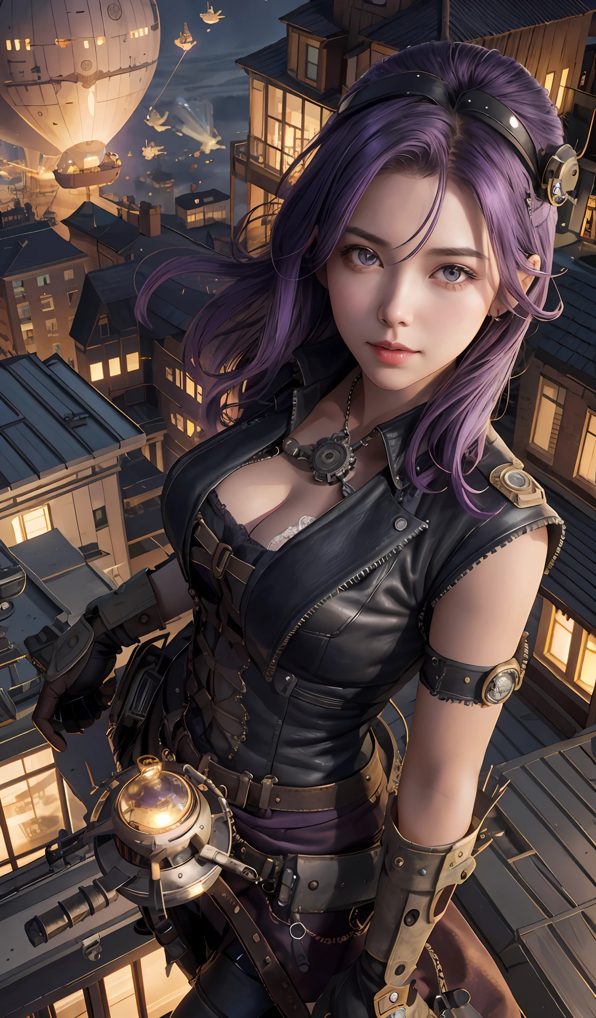 girl srading on top of a building, airships in the sky, airplanes, very detailed, realistic, traced lights, 4k, gourgeos, gears, steampunk style, magical, cap, purple hair, bracelets, intricate details, gourgeos landscape, digital art, realistic, misteryous, gloves, inspiring, defined curves, sensual