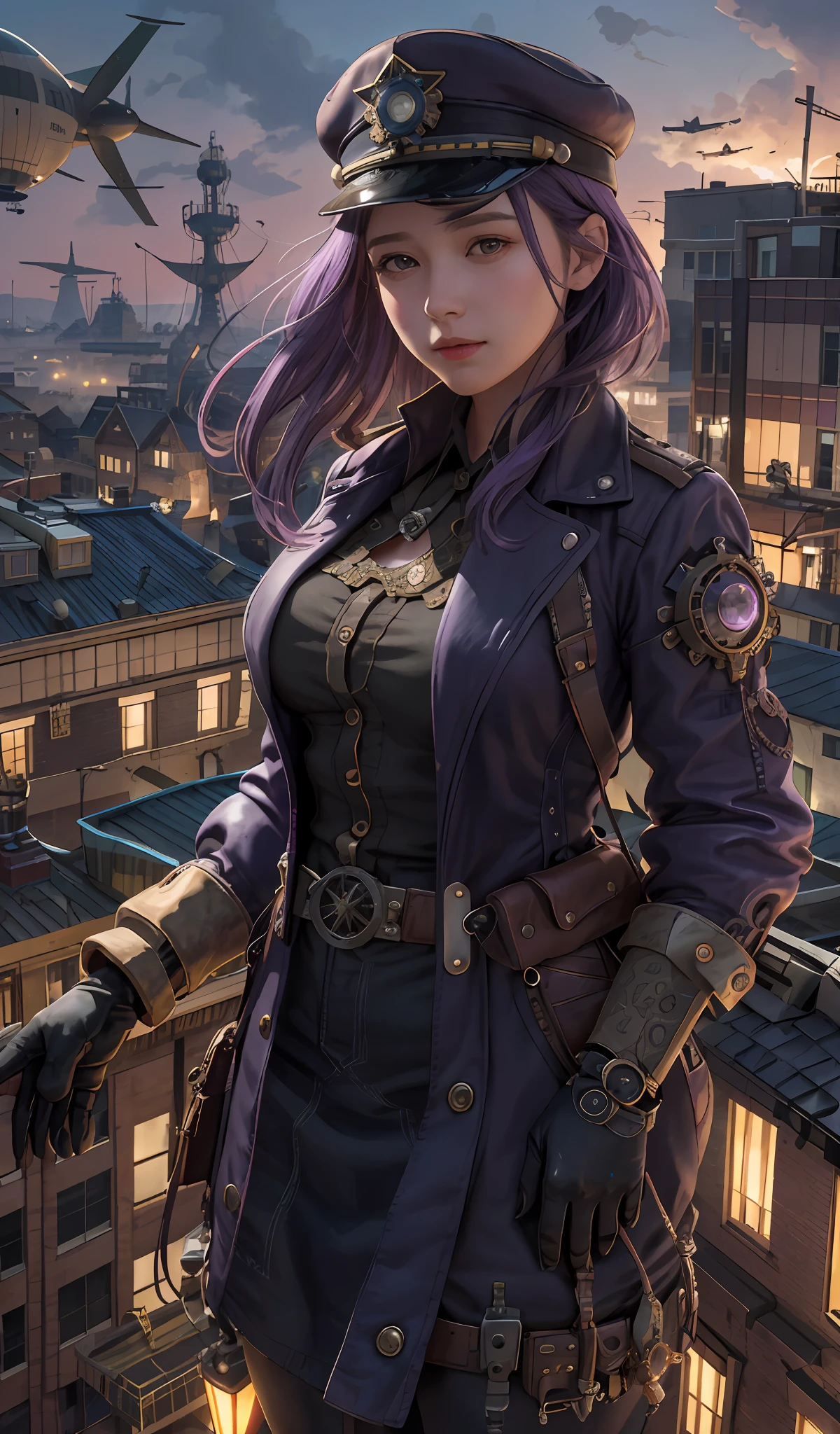 girl srading on top of a building, airships in the sky, airplanes, very detailed, realistic, traced lights, 4k, gourgeos, gears, steampunk style, magical, cap, purple hair, bracelets, intricate details, gourgeos landscape, digital art, realistic, misteryous, gloves, inspiring, defined curves, sensual