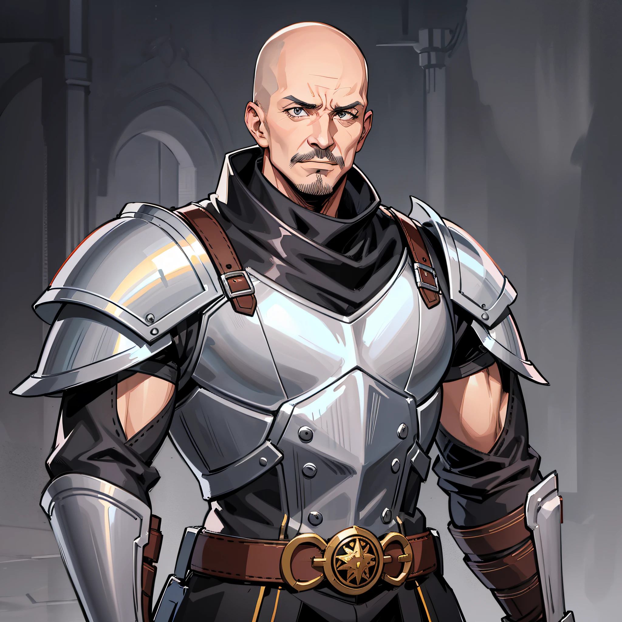 Screenshots of Anime A 40-year-old skinhead mustachioed man dressed like a medieval European knight stands looking at us. Trim to the knees with the background stretched. Fine line art 2020s anime --auto --s2