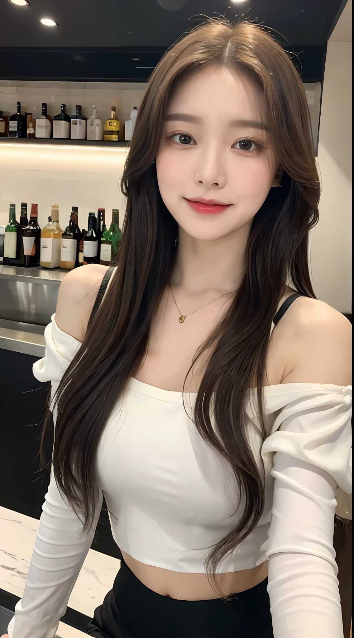 A superb exquisite real beautiful girl, golden long curly hair, extremely exquisite facial features, peerless beautiful girl, collarbone off-the-shoulder, white crop top shirt, black JK skirt, exposed legs, sweet smile, soft, dreamy quality, light white and dark brown, exaggerated facial features, solid color, frank off-white, surreal, blue gemstone necklace, ultra-clear, beautiful young girl, cute and lively, super short leggings, background at the bar counter