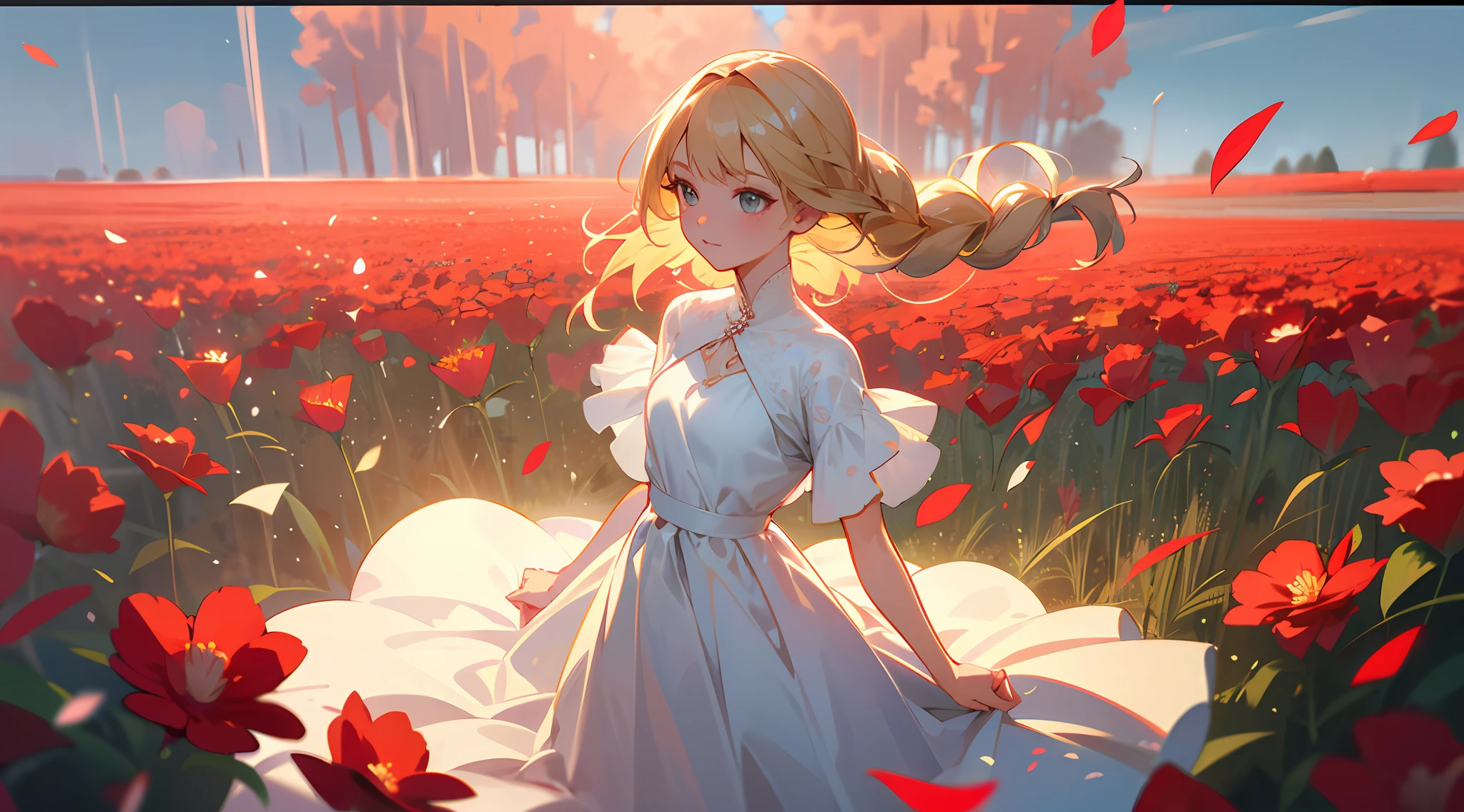 cowboy shot, upper body, far shot, panorama, wide angle lens, depth of field, perspective, movie angle, arms behind back, masterpiece, best quality, super detailed, CG, 8K wallpaper, pretty face, delicate eyes, a beautiful woman, solo, blonde hair, braids, golden eyes, white dress, dancing in a flower field, fluttering skirt, wind, flower field, petals, sky, rose, red flowers