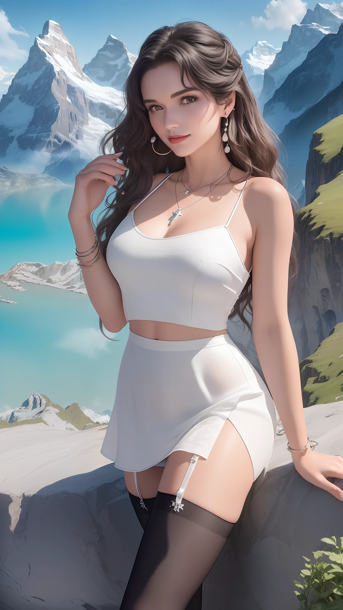 ((Masterpiece + (Swiss Alps + Switzerland: 1.3)), (Very detailed CG + surreal, 32k, 8k: 1.2, best quality + Swiss style)), feminine, ((spring + beach waves in the side part + earrings + necklace): 1.2), (black stockings + light white slip skirt), navel, overall tone high saturation.