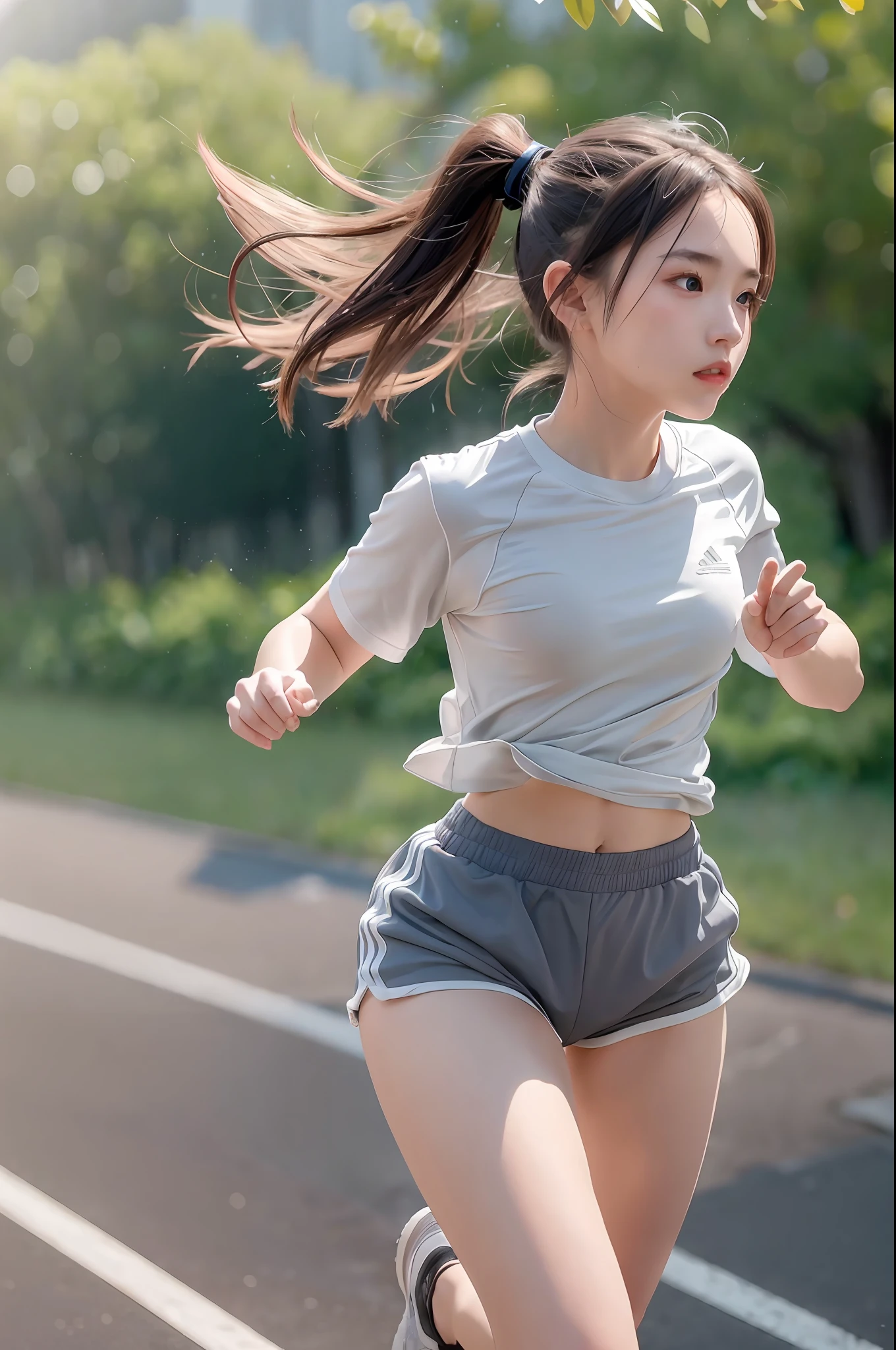 1 girl, solo, running, Gray Track Top, pink shorts, ponytail, athletic build, dynamic brushstrokes, fluid movement, capturing the essence of her athleticism and energy, using light colors and soft tones to create a dreamy and ethereal atmosphere, portraying the motion and grace of running, showing the wind blowing her ponytail and clothes, and the scenery of her surroundings.

outdoors, detailed background, Modern metropolis,