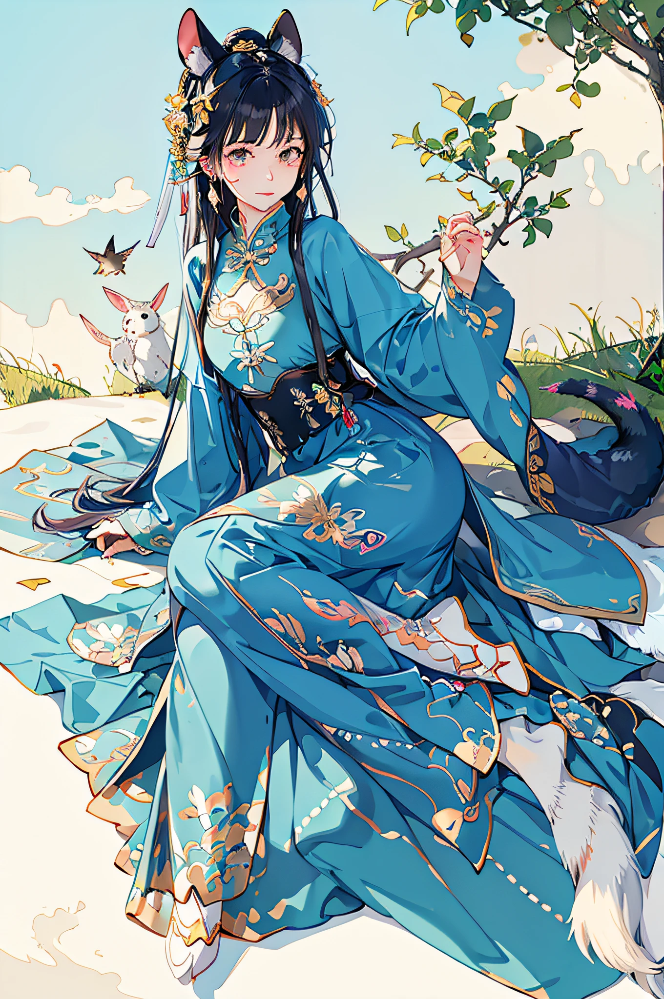 best quality,masterpiece,illustration,1girl,solo,full body,Blank background,(Fantasy world style:1.1),(Animal ear:1.1),tail,(Cute style:1.1),fish,dragon,The bird,The cat,Rabbit,Mouse,Butterfly,Fox,downy,