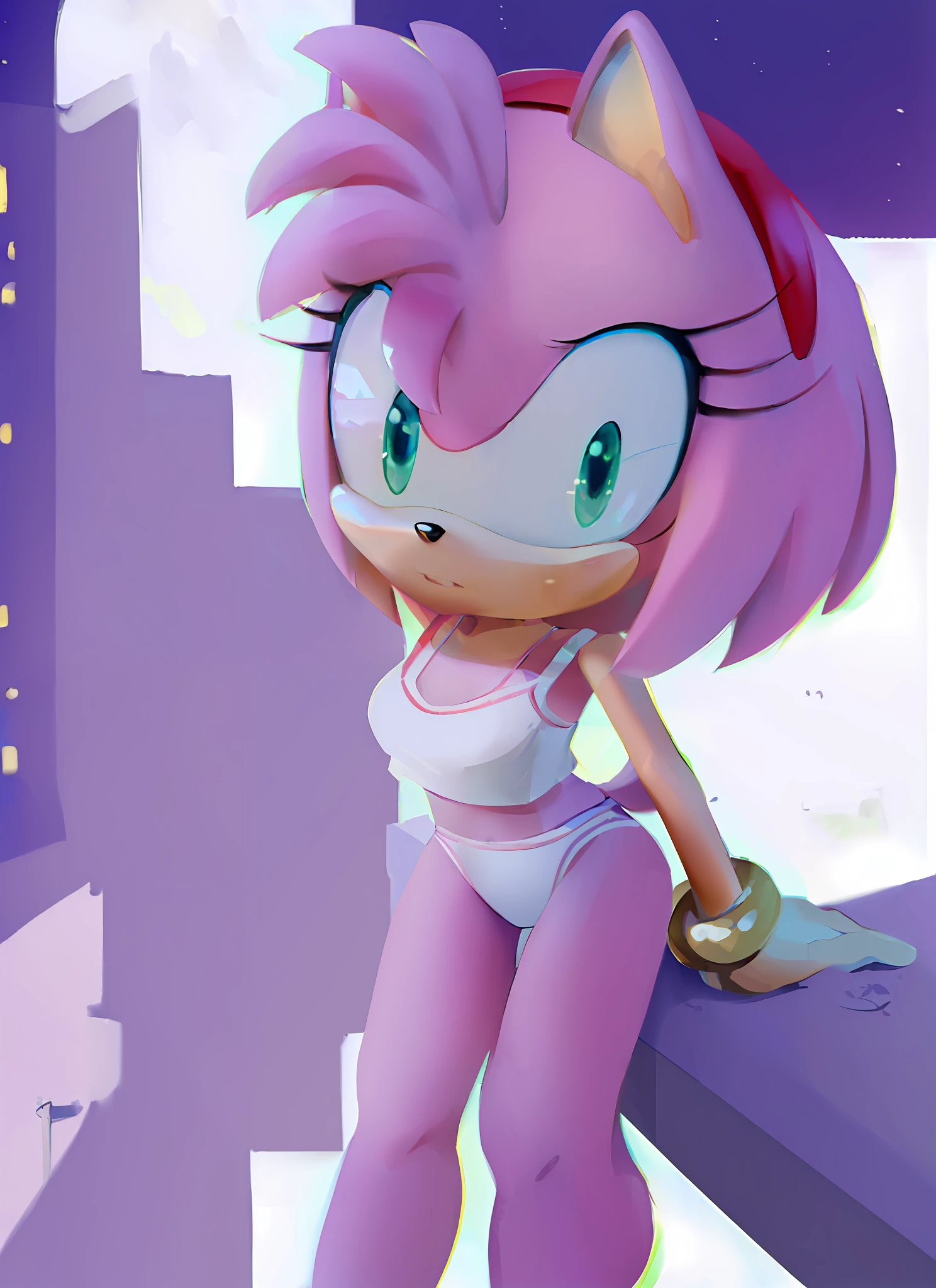 "(((masterpiece))),4k resolution,extremely delicate and beautiful,dynamic angle and pose,(1girl), animal nose,. Amy rose, sport bra, white panties, sfw, (( thin )),  girl, (( thin legs )), golden brasalet both arms, alone, looking at viewer, night, city background, on building roof, little breast