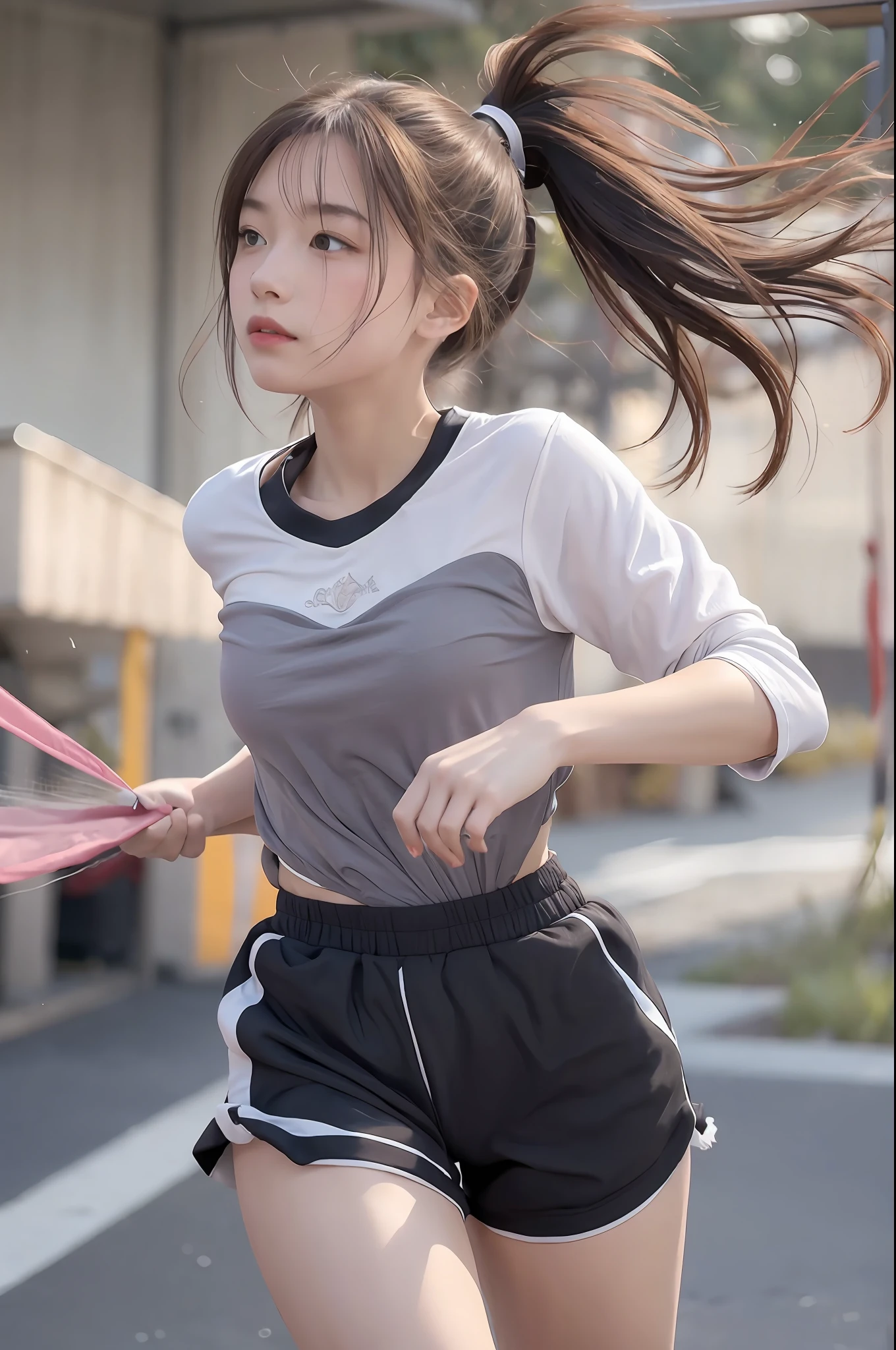 1 girl, solo, running, Gray Track Top, pink shorts, ponytail, athletic build, dynamic brushstrokes, fluid movement, capturing the essence of her athleticism and energy, using light colors and soft tones to create a dreamy and ethereal atmosphere, portraying the motion and grace of running, showing the wind blowing her ponytail and clothes, and the scenery of her surroundings.

outdoors, detailed background, Modern metropolis,