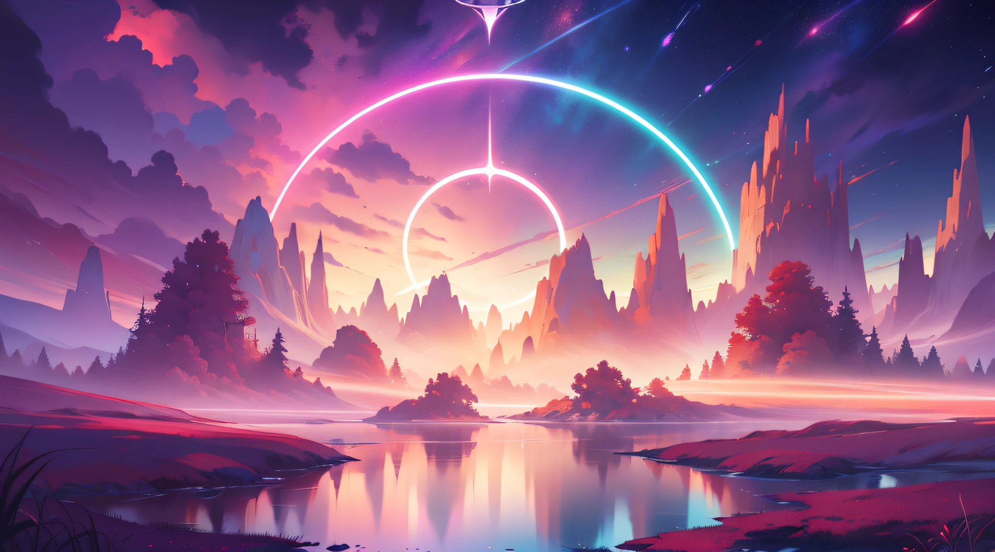 (masterpiece), (best quality), divine landscape, reddish pink, halo, (bioluminescent: 1), vibrant, colorful, duality cinematic lighting, (symmetrical: 1), background white, white background