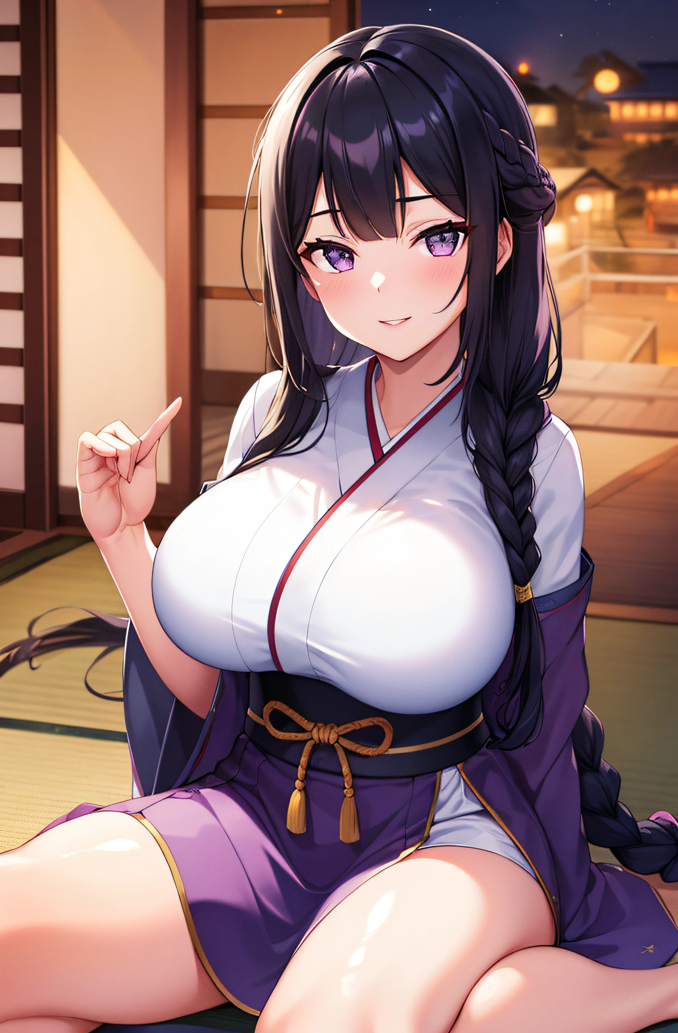 (Night:1.7), east asian architecture, 
sitting at attention,sitting on Tatami,
White_kimono,
black_hair, long_hair, hair_pulled_back,parted_lips,purple_eyes, braid,
1 girl, Manga,20yo,mature female,Beautiful Finger,Beautiful long legs,Beautiful body,Beautiful Nose,Beautiful character design, perfect eyes, perfect face,
looking at viewer,(innocent_big_eyes:1.0),(Light_smile:1.0),
official art,extremely detailed CG unity 8k wallpaper, perfect lighting,Colorful, Bright_Front_face_Lighting,
(masterpiece:1.0),(best_quality:1.0), ultra high res,4K,ultra-detailed,
photography, 8K, HDR, highres, absurdres:1.2, Kodak portra 400, film grain, blurry background, bokeh:1.2, lens flare, (vibrant_color:1.2)
(Beautiful,large_Breasts:1.4), (beautiful_face:1.5),(narrow_waist),