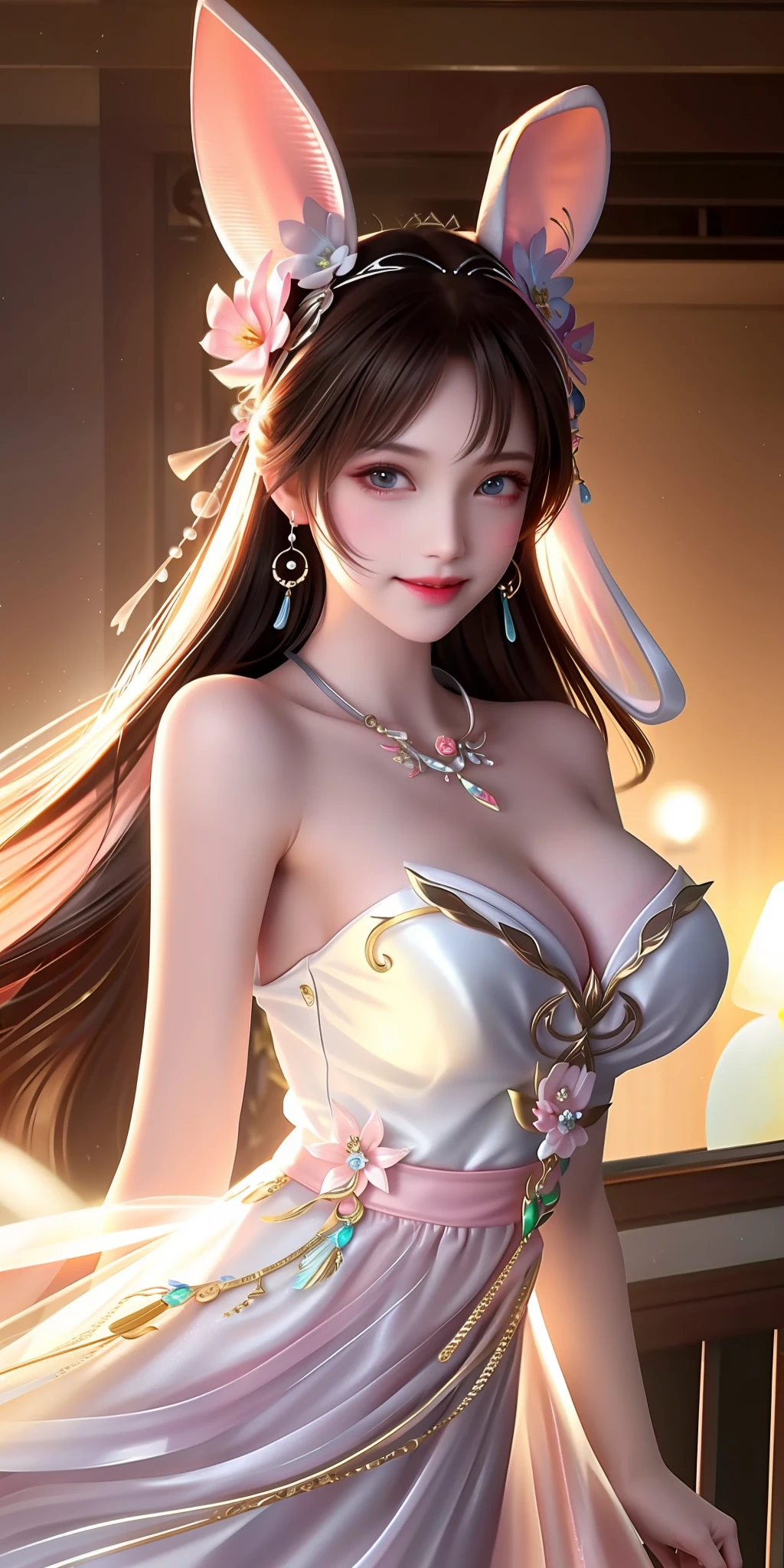 Best quality, masterpiece, high resolution, 1girl, clear pink silk porcelain dress, beautiful face, pink rabbit ear ,hair accessories, looking at the audience, smiling, close your mouth, lips,pink dress, hair accessories, necklaces, jewelry, long hair, earrings, on the body, Tindal effect, realism, dark studio, edge lighting, two-tone lighting, (high detail skin: 1.2), 8k UHD, DSLR, soft light, high quality, volumetric lighting, photo, high resolution 4K, 8k, blurred background