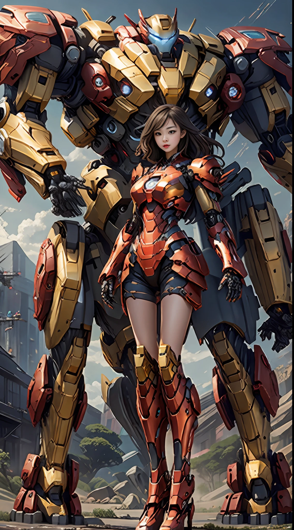 Boutique,best quality,Gold jewelry,(slip out feet),Fairy skin,(Fidelity :1.2),Standing,Super Detailed,realistic,High quality,Movie Light,Ray tracking,Ultra HD,Upper body, Dressed in a futuristic Iron Man mech, a girl in a red and gold color scheme standing next to a giant robot, Ross Tran 8 K, Guweiz on ArtStation Pixiv, a girl with mecha network armor,