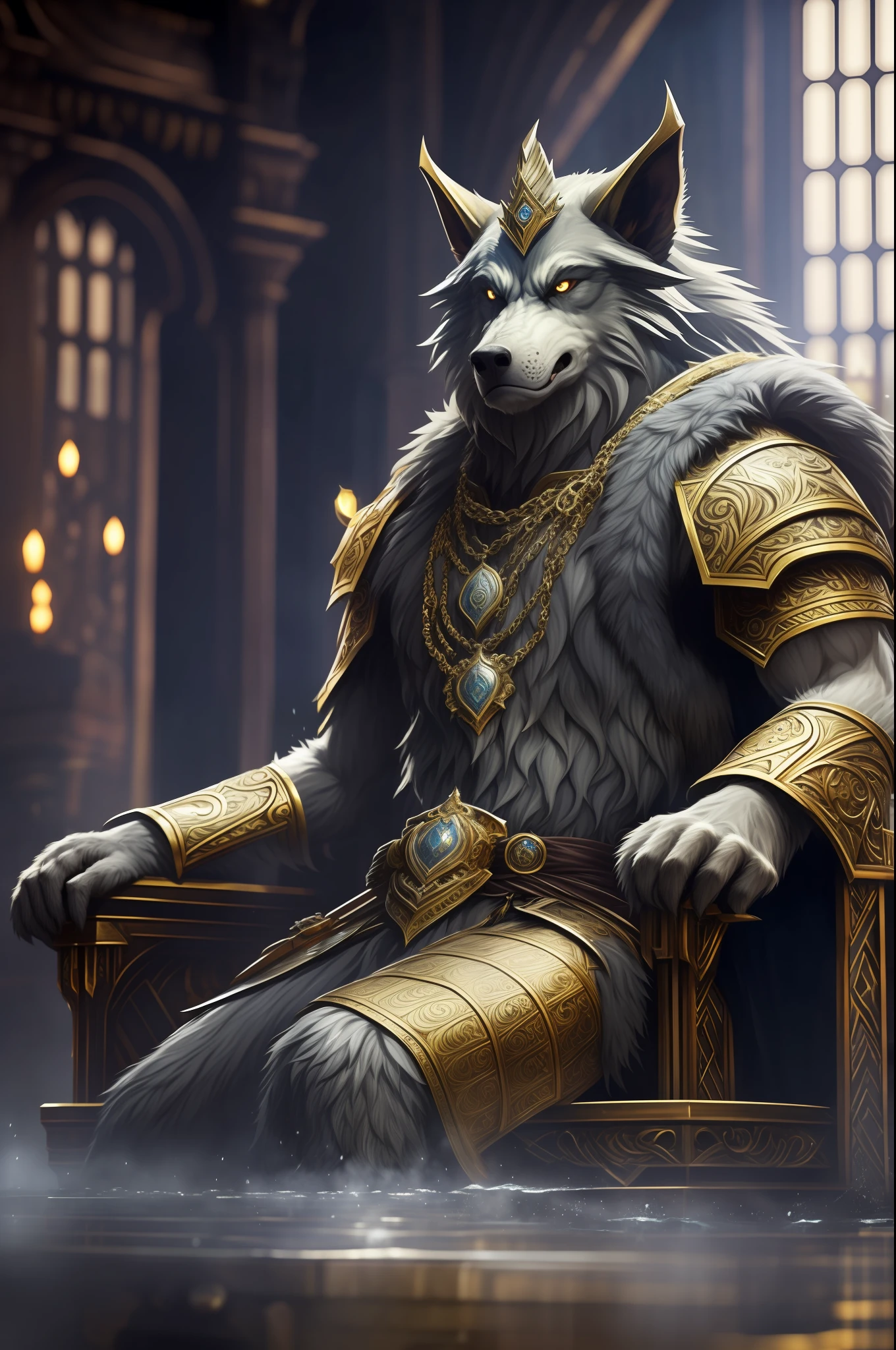 an old Werewolf king sitting on the throne in the heart of The City of Glas, throne is A very humid place full of puddles and leaks, regal, intimidating, ornate armor, regal crown, blurry_background, natural lighting, short twintails hair, looking_at_viewer, solo, highly detailed 8k