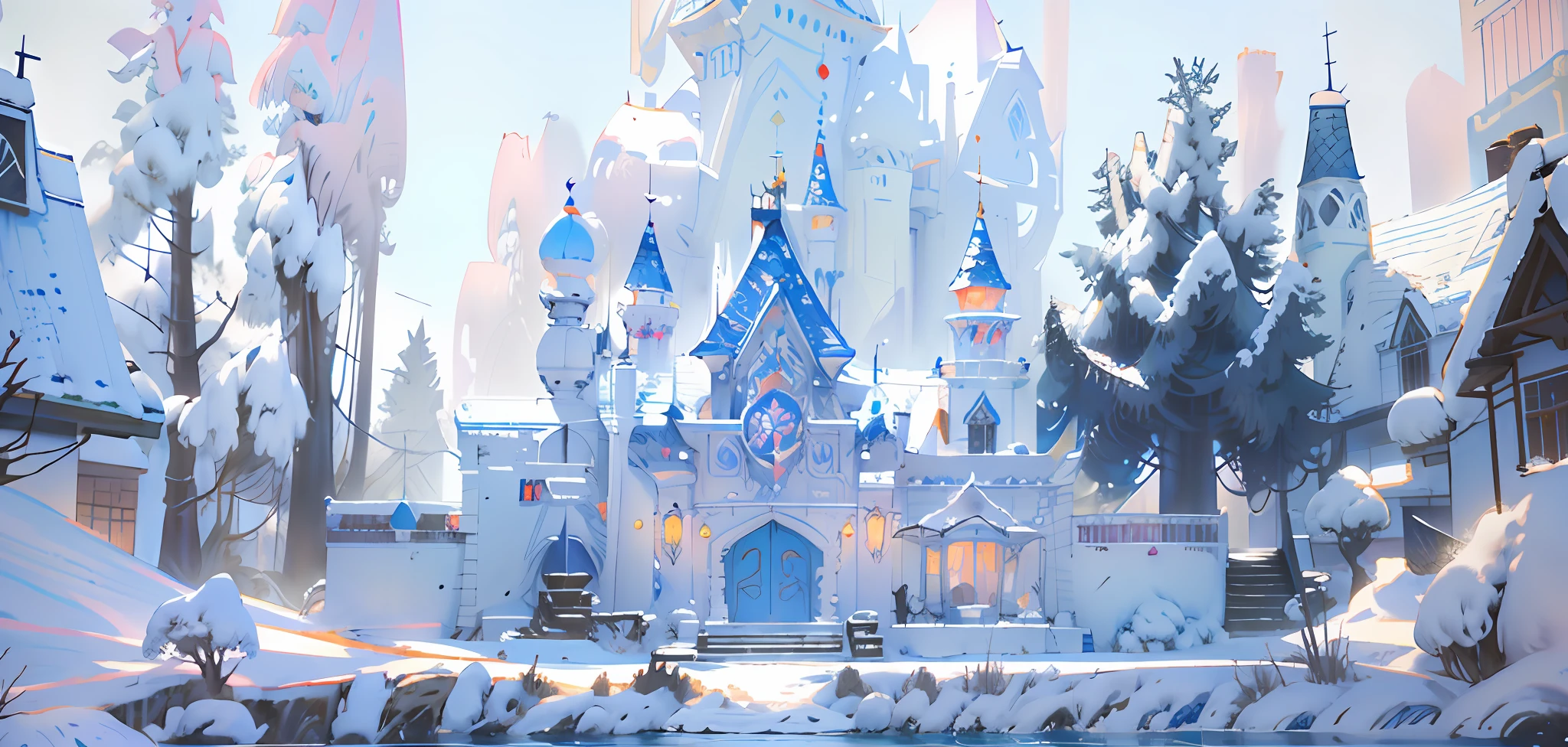 Dreamy ice castle, light blue roof, snow on the roof, off-white front, windows with wood edging, wall tile texture, hyper-detailed material, Disney art style, Pixar art style, pink Ferris wheel, dream carousel, pale yellow glass, small red flag on the roof, Ghibli style, clean colors, decisive cut, white space, realism, complete architecture, epic effects, ice castle, background white space, 8K picture