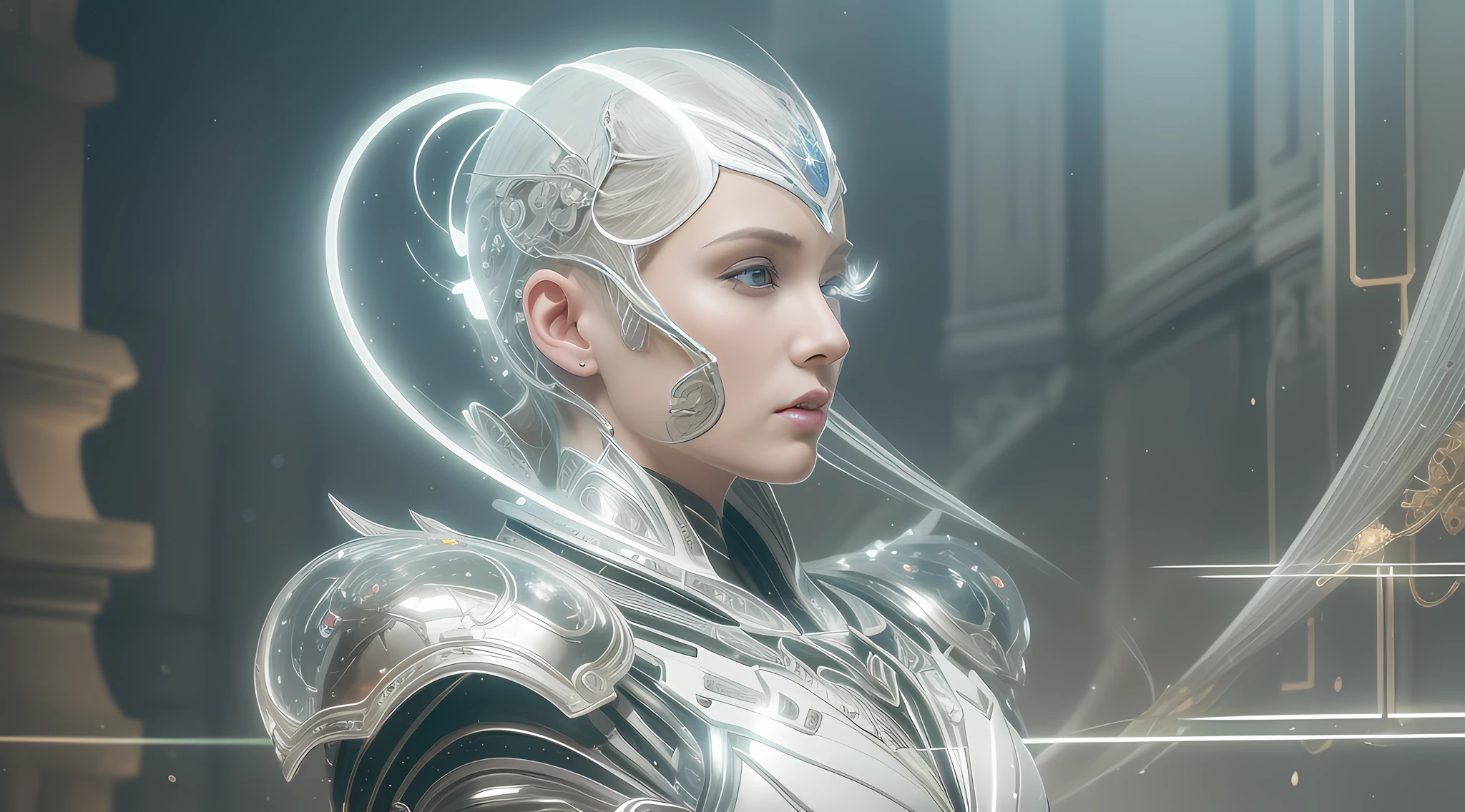 Organic cyborg, white plastic, diffuse lighting, luminous ornaments, light reflection, fantasy, intricate, elegant, highly detailed, realistic, realistic, digital painting, art station, illustration, concept art, smooth, sharp focus, art by John Collier and Albert Obright and Krenz Kusart and Artem Demura