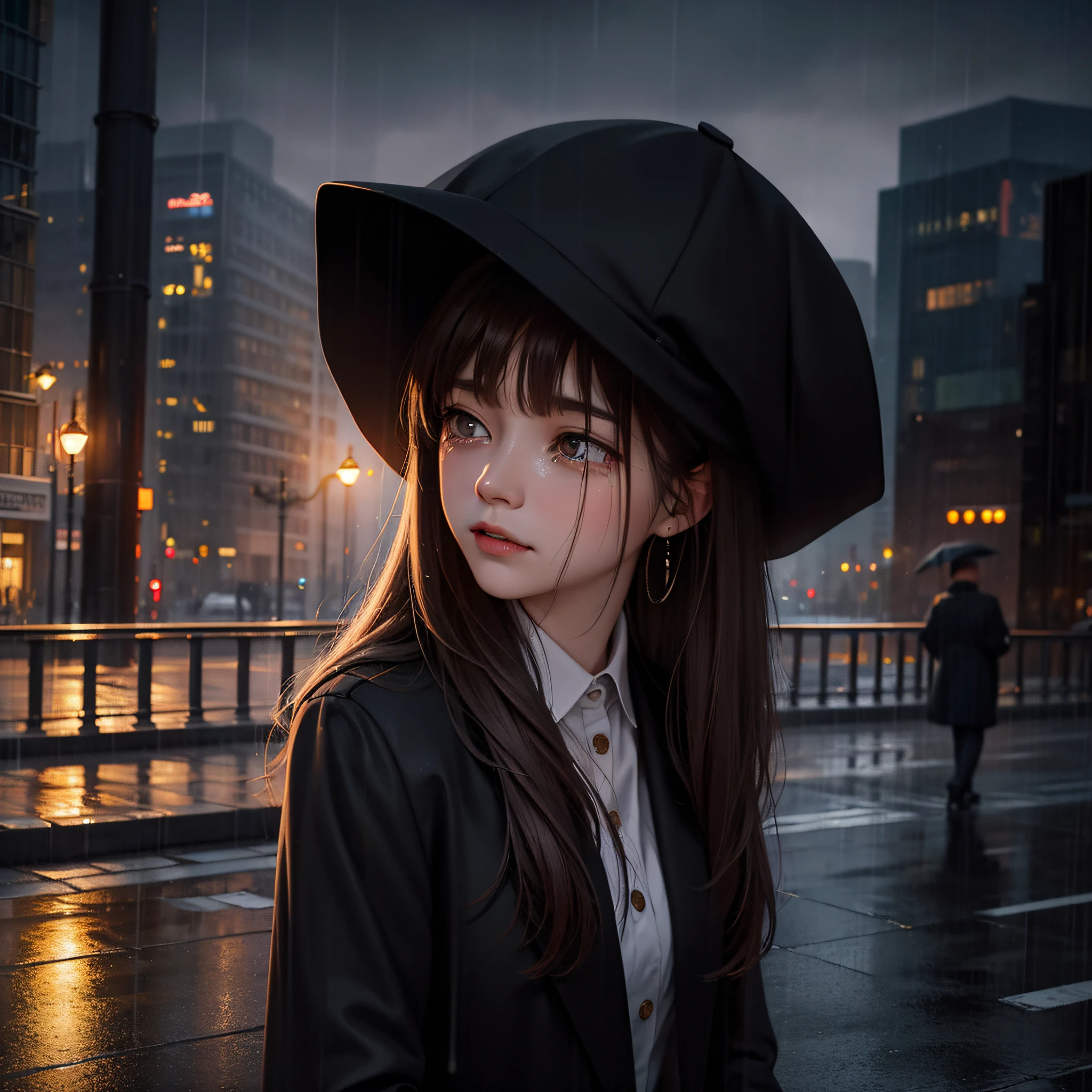 Crying, in the rain in the city, shot on the ground, twilight, realism, oil painting effect, rough texture, symmetrical composition, high definition