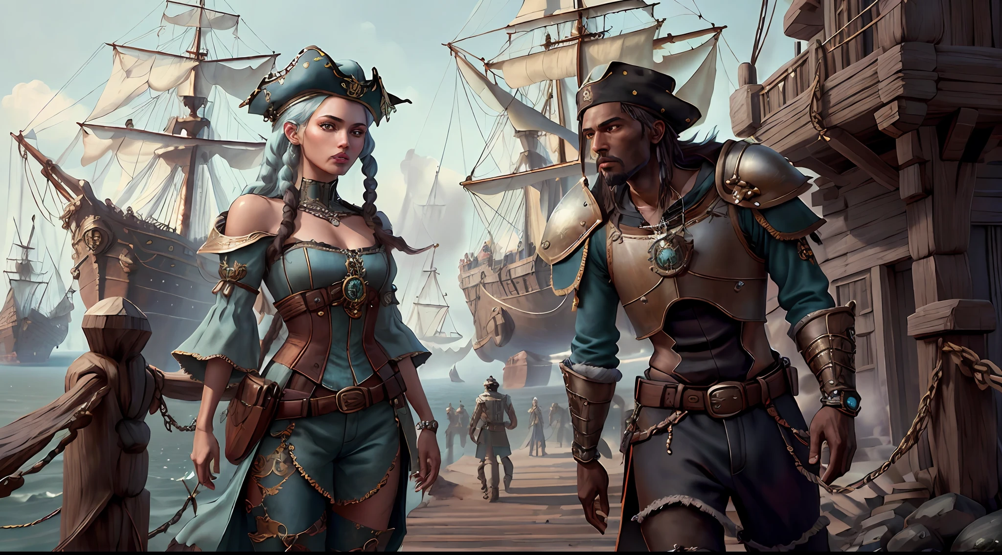 (((multi-person interaction, with men and women))), (highly detailed RAW color photos, ridiculous resolution, high resolution, super detailed), ((r 9 6 angles)), dark skin, handsome, fearless and brave expression, mature, thin shoulders, very thin body, black captive dark pirate hat, white dirty braids, vibrant green eyes, (detailed eyes and detailed face), extremely detailed 8k photo, (full body: 0.9), beautiful woman, outboard, offboard background, detailed face, (Medieval Fantasy Theme: 1.3), Light Blue Pirate Theme Armor with Highly Intricate Details, Blue Pants, Ship in the Background, Inside the Ship, Deck of the Ship, Inspired by Dungeons & Dragons, Digital Artwork, Surreal, Photography, Soft Lighting, Soft Detail, Octane, ArtStation Trend, Ultra High Detail, Surreal, Movie, 16k,
